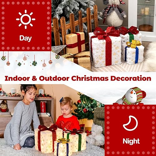 Miniatura 5 de Tangkula Juego de 3 cajas de regalo iluminadas de Navidad, decoración navideña preiluminada con 48 luces brillantes y cálidas, cajas de decoración