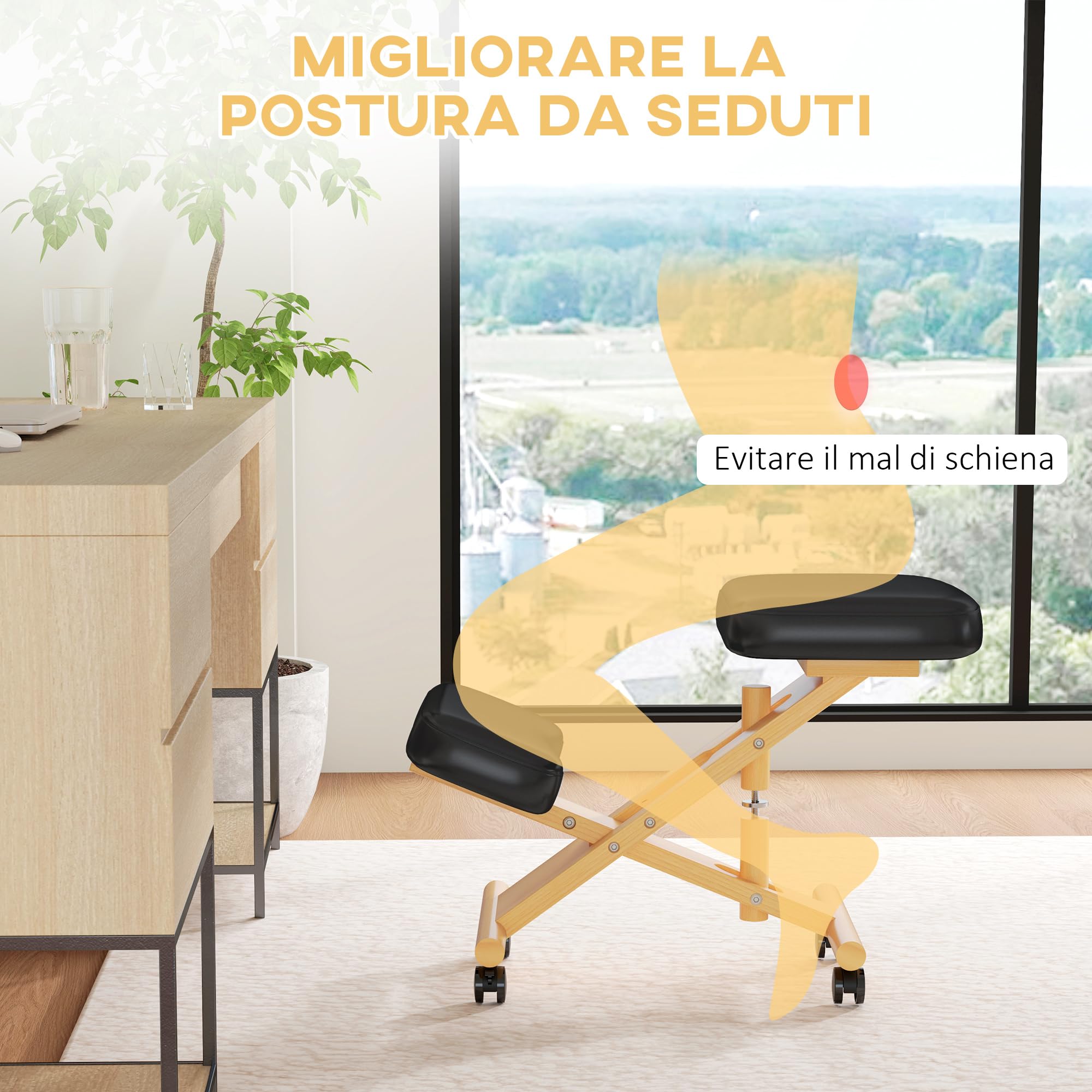 HOMCOM Sedia Ergonomica Inginocchiata con Rotelle in Legno di Caucciù Nero | Sedia Ergonomica Posturale da Ufficio e Casa, Sgabello Ergonomico Inginocchiatoio