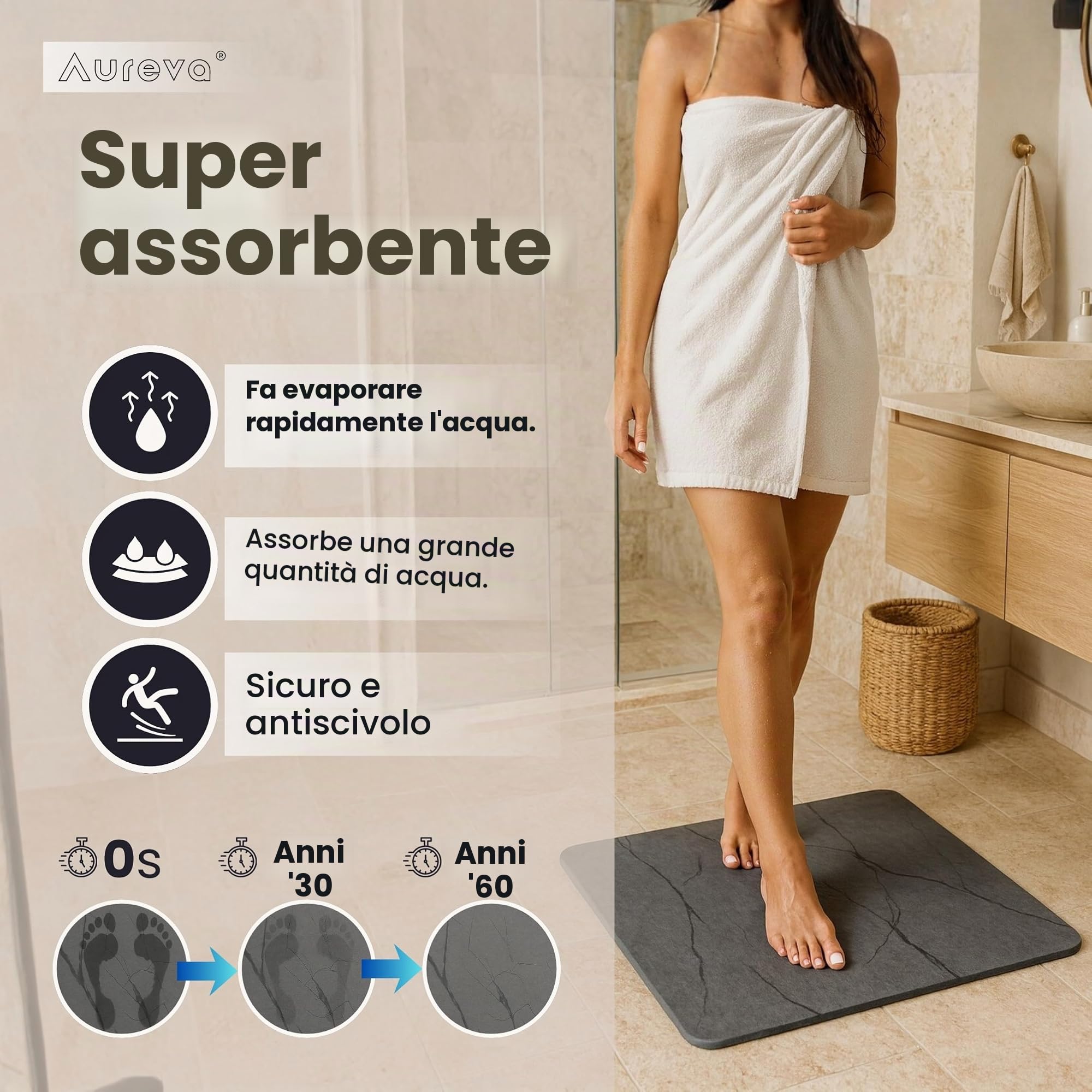 Tappeto Diatomite Bagno 60 x 40 cm - Asciugatura rapida, antiscivolo e antibatterico - Tappetino da bagno - Pietra diatomite bagno - Stone Bath Mat - Tappeto doccia - anche come scolapiatti cucina