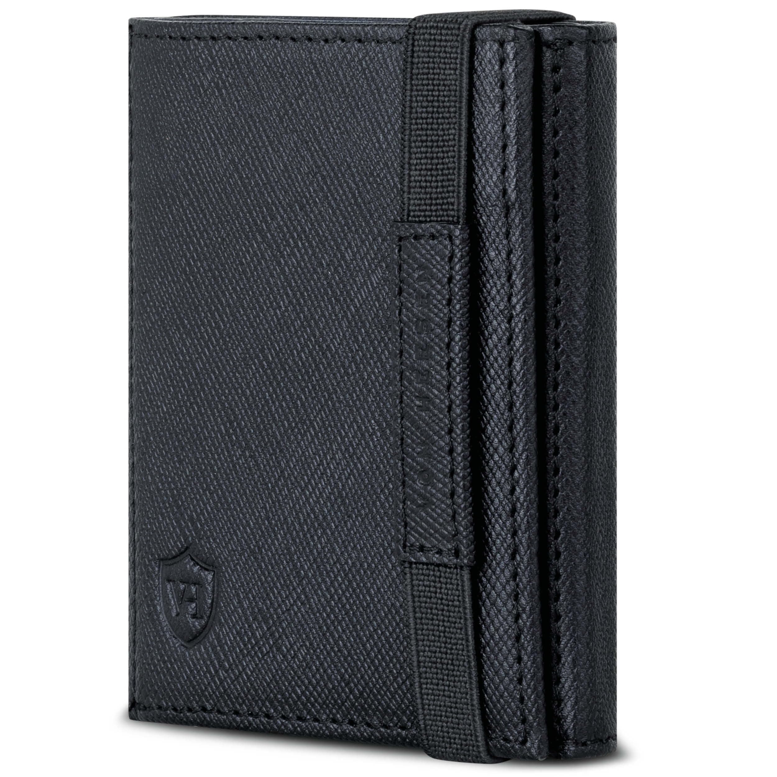 VON HEESEN Slim Wallet mit Münzfach & RFID-Schutz - Mini Geldbörse Herren & Damen - Kartenetui Kreditkartenetui - Portmonee Geldbeutel Portemonnaie klein Schwarz Saffiano