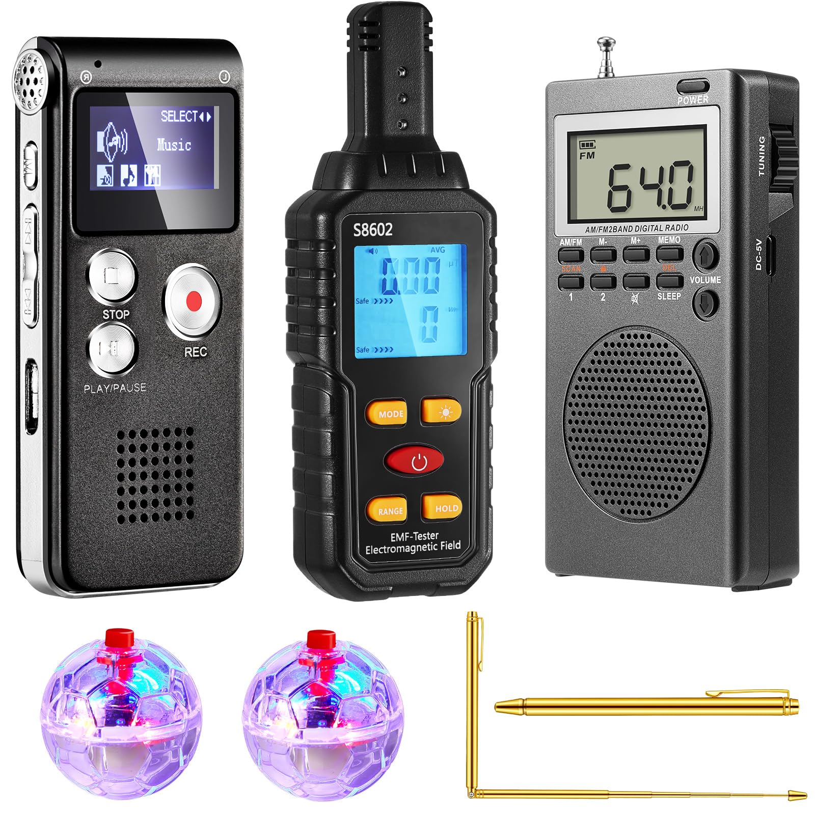 El kit de equipo de caza de fantasmas 7 en 1 incluye 1 medidor EMF, 1 radio de mano, 2 luces LED, 1 grabadora de voz digital EVP, 2 varillas de radiestesia, equipo paranormal de