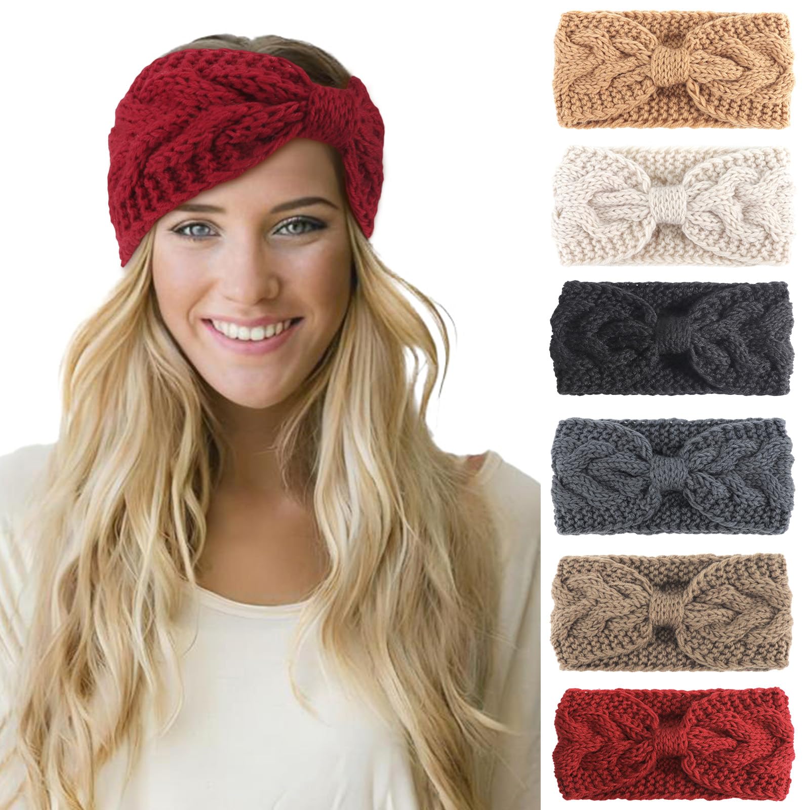 Dreshow Women's 6 Pack Crochet Knitted 23G-19 6 Pieces Warm Knitted Headband Winter Ear Warmer Crochet Head Wraps Thick Cable Headband