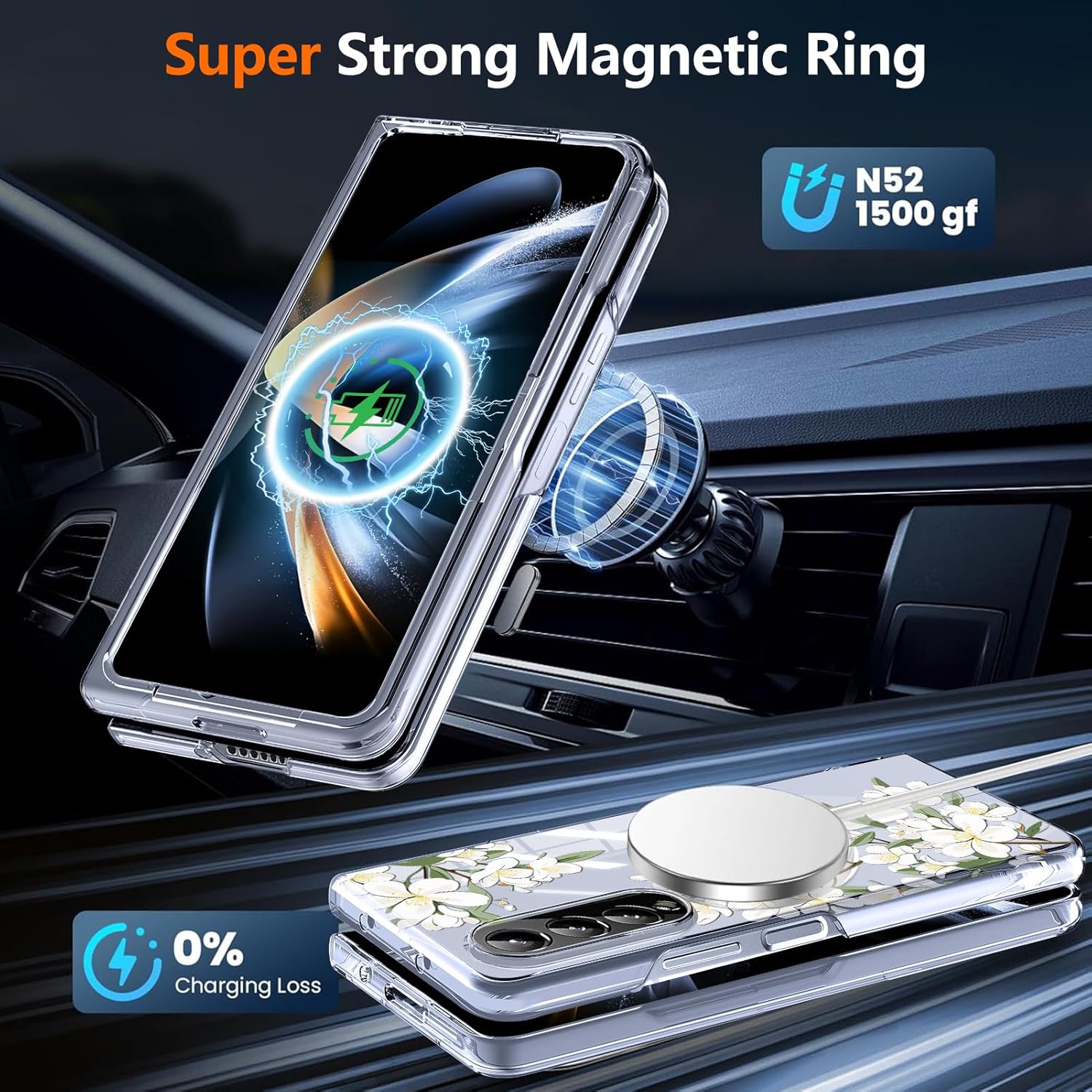 for Samsung Galaxy Z Fold 3 Clear Case Magnetic,Slim Lightweight Non Yellowing Wireless Charging,Hard PC Cute case for Galaxy Z Fold 3 [White Flower] MMUS-CXDZ-04-14