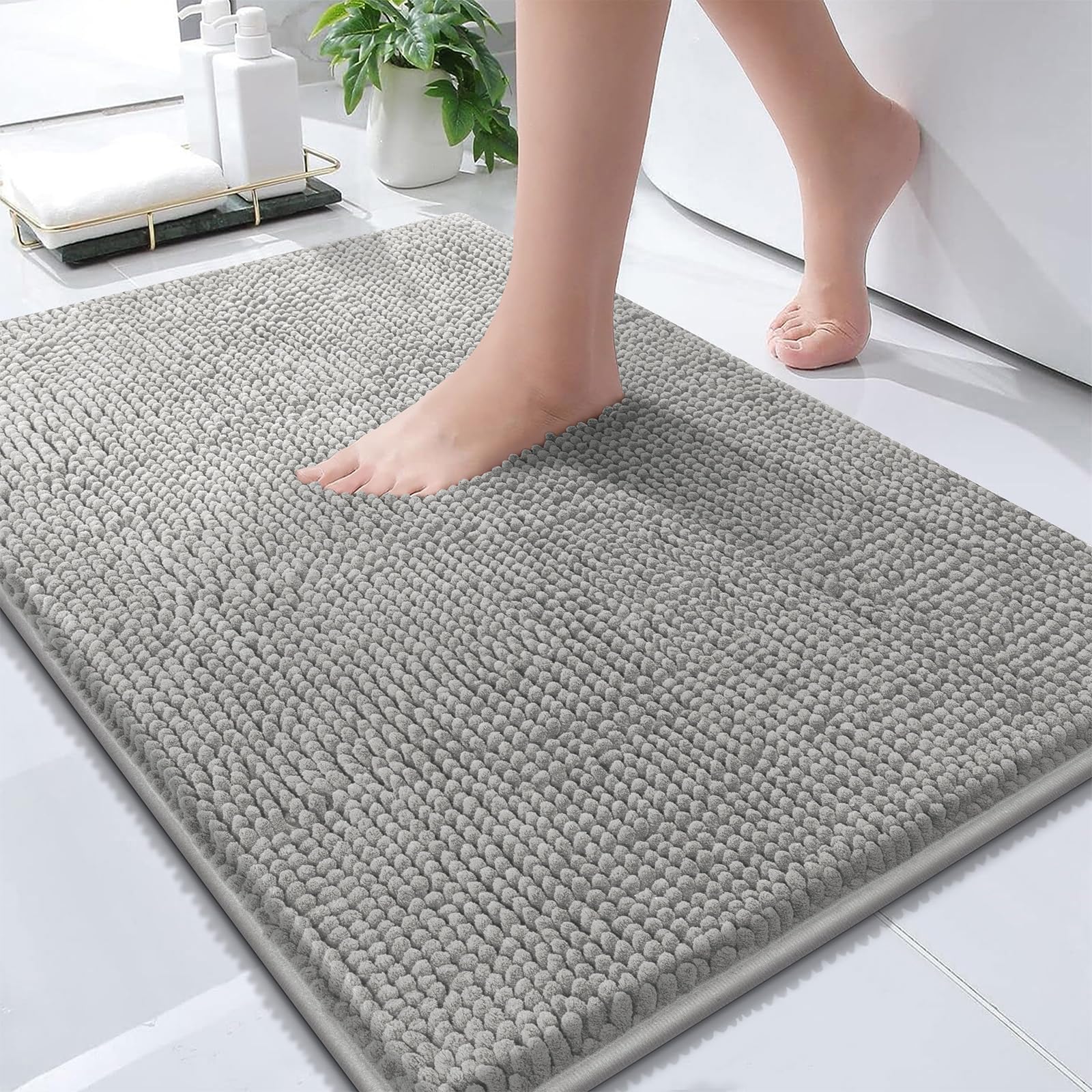 Enyhom Tappetini da bagno in ciniglia, 3 pezzi, ultra assorbenti, antiscivolo, lavabili in lavatrice, morbidi, a pelo lungo, per doccia (grigio chiaro, 45 x 65 + 50 x 80 + U50 x 60 cm)