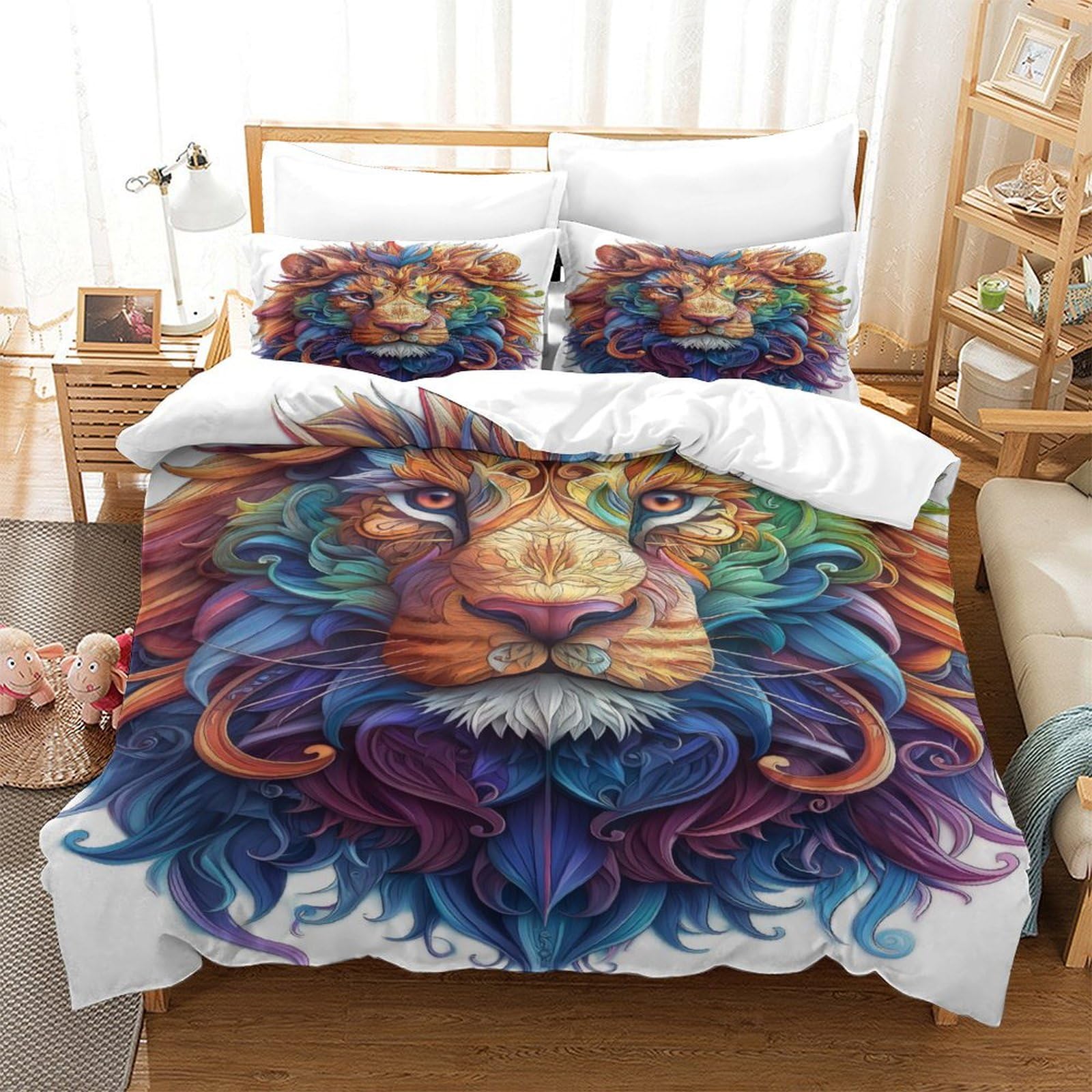Housse de couette lion anti-glisse avec fermeture éclair en microfibre