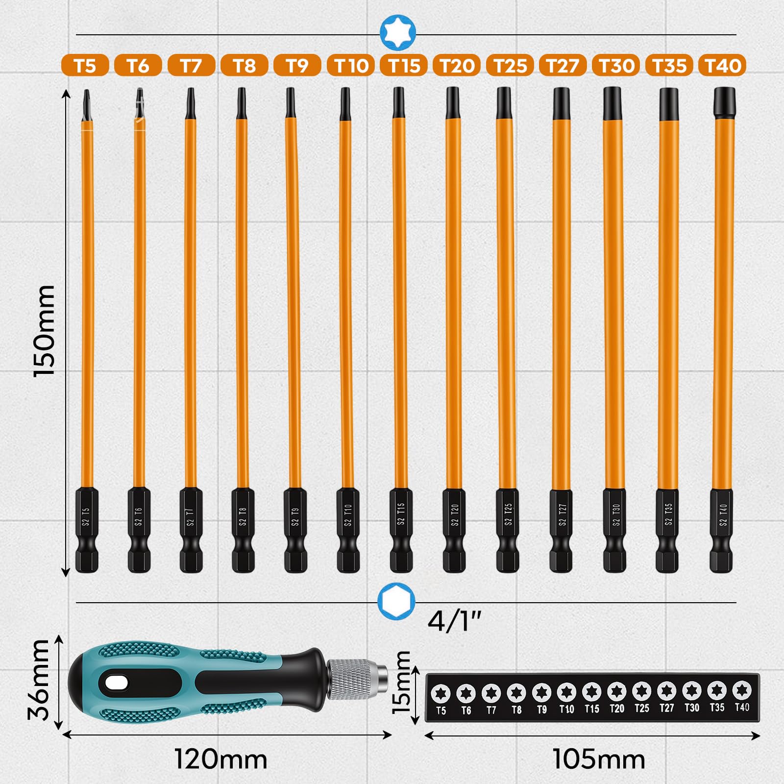 14 Pezzi Cacciaviti Torx Lunghe 150mm con Foro, in Acciaio S2 T5-T40 con Manico a Sgancio Rapido Punte Cacciavite Adatte per Trapano Avvitatore con Albero Esagonale da 1/4"