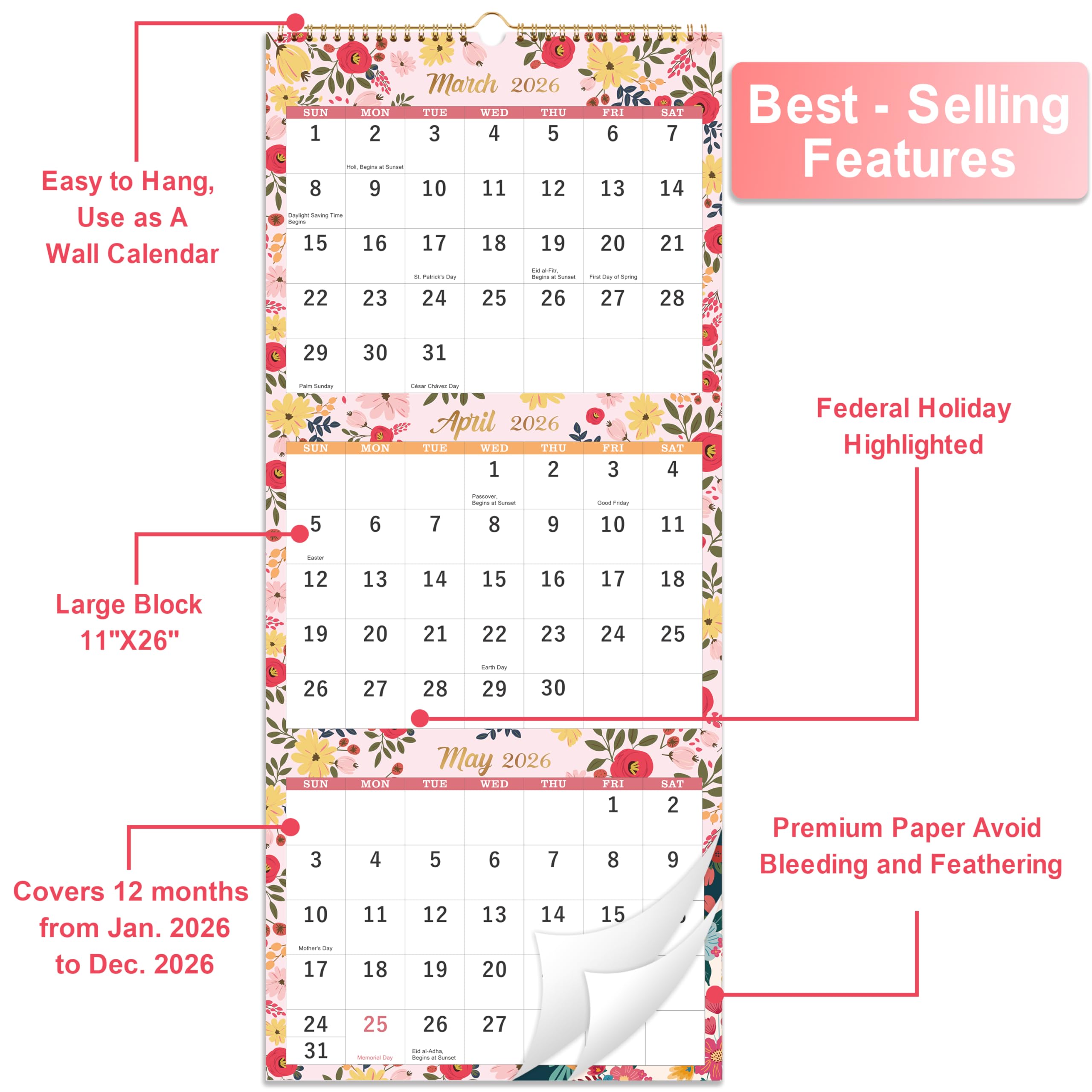 カレンダー　ランブロ Amazon.com: 2026 Calendar - 2026 Wall Calendar, 3-Month Wall