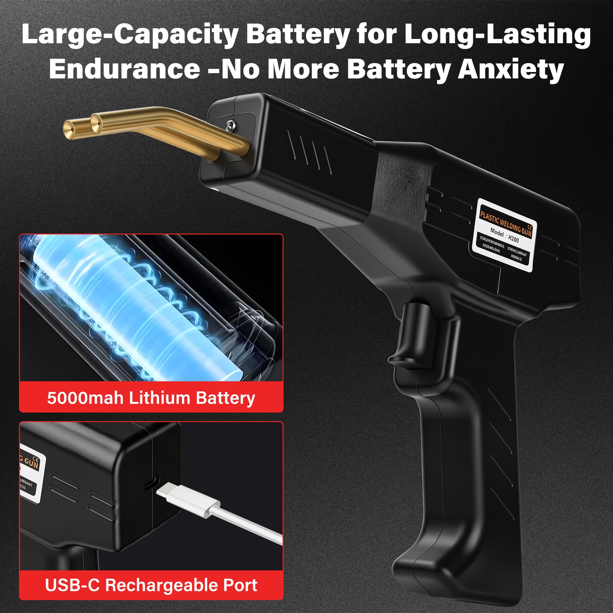 Kit de Soldador de Plastico Inalámbrico 200W, 2 en 1 Plástico Soldadura Reparando con 1000Pcs Grapas, Batería Recargable de 5000 mAh con USB-C, Luz LED, para Parachoques de Coche