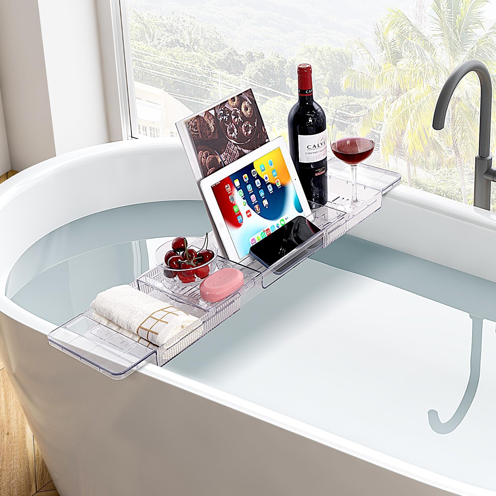 Bandeja para Bañera de Acrílico, Bandejas Bañera Jacuzzi para Bañera para Una Bandeja de Baño Retráctil para Bañera, Accesorio de Baño para Copas de Vino, Libros, Tabletas, iPad y Teléfono