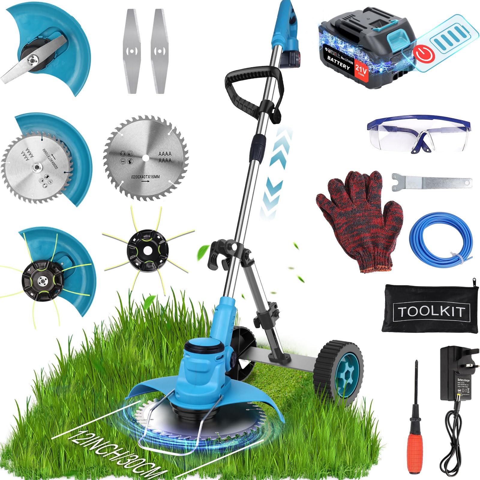 InnopowerCordless Edge Trimmer with 3000mAh Battery, 850W Brushless Battery Trimmer with Removable Wheels, 3 Types of Blades, Telescopic Tube, 90° Swivel Head for Garden Cutting