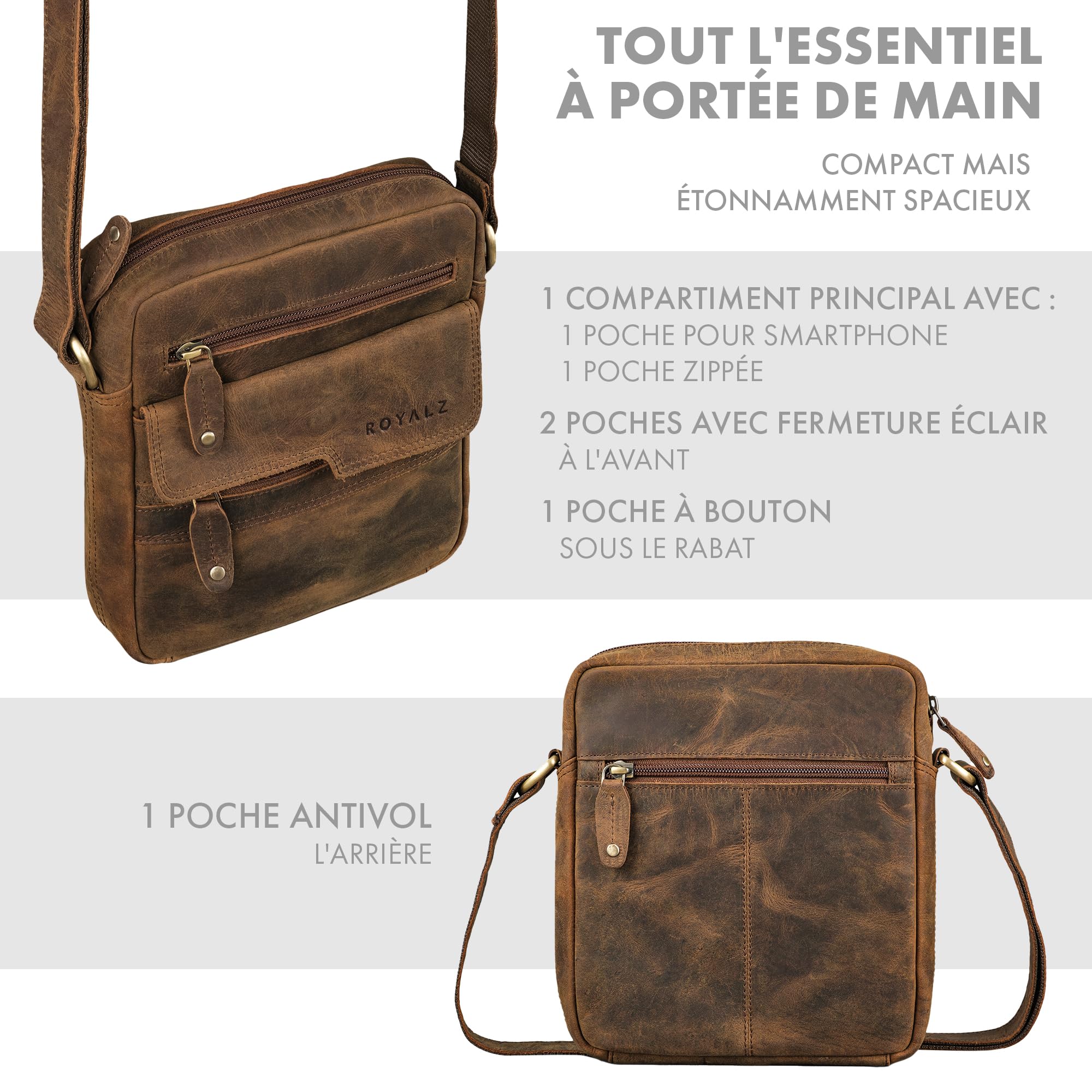 ROYALZ "Oregon Sac Bandoulière Homme Cuir Petit – Sac Homme Cuir Véritable Vintage, Sacoche Homme Compacte, Sac Porté Croisé Homme, Sac Messenger Cuir