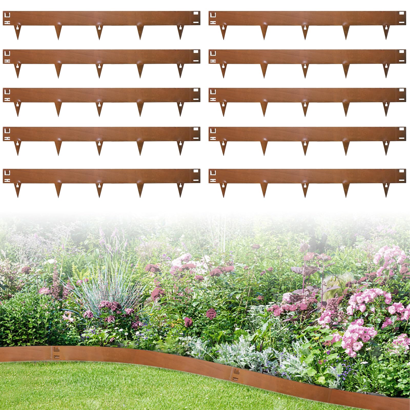 Worshow Lawn Edging Border, Garden Edging, 10Pcs Total 10.75m Corten Steel Edging, 20cm Height Flexible Metal Landscape Edging, Decorative Pathway Border Strips for Flower Bed, Grass, Path, No Digging