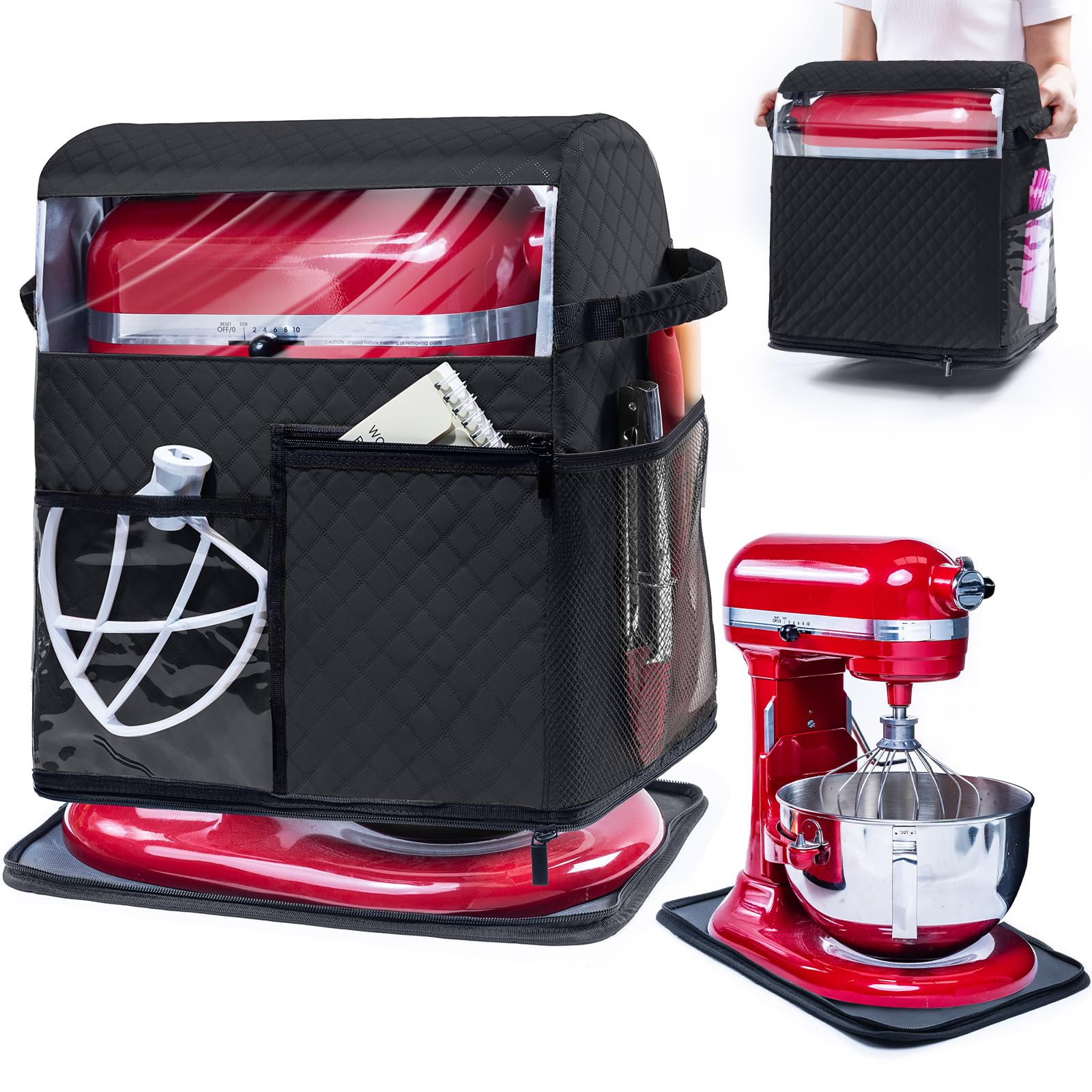 BAGSPRITE Stand Mixer Cover with Detachable Appliance Sliders Base Compatible with KitchenAid Mixer-Storage Bag for 6/7/8 Quart with Pockets for Kitchen Aid Accessories and Attachments