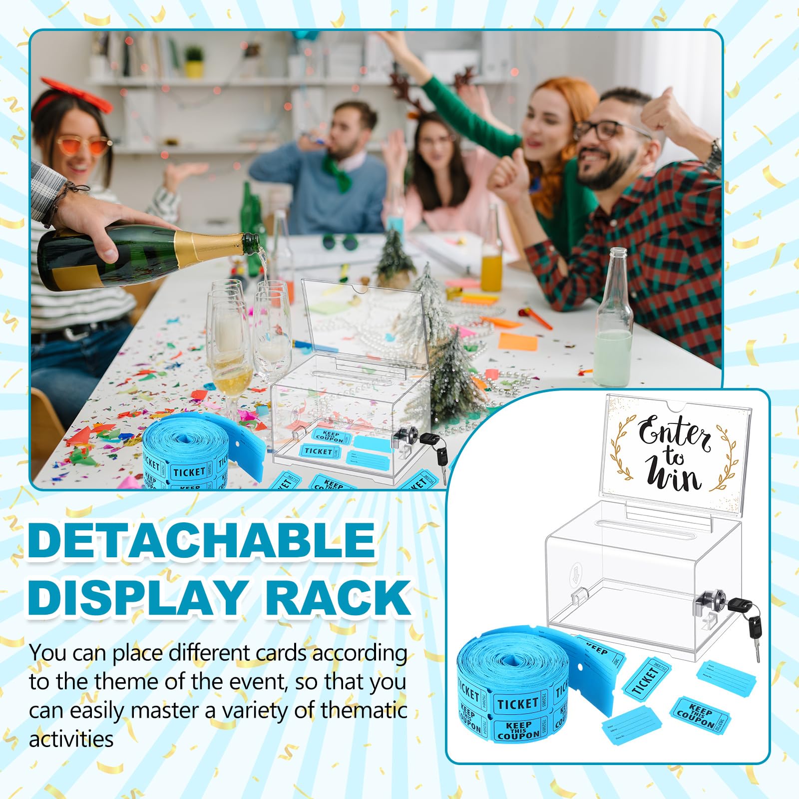 Havawish Caja de rifa transparente con cerradura con 500 boletos de rifa, caja de donación de acrílico de doble rollo con cerradura de 6.3 x 4.7 x 3.9 pulgadas, contenedor con 2 llaves para juegos de