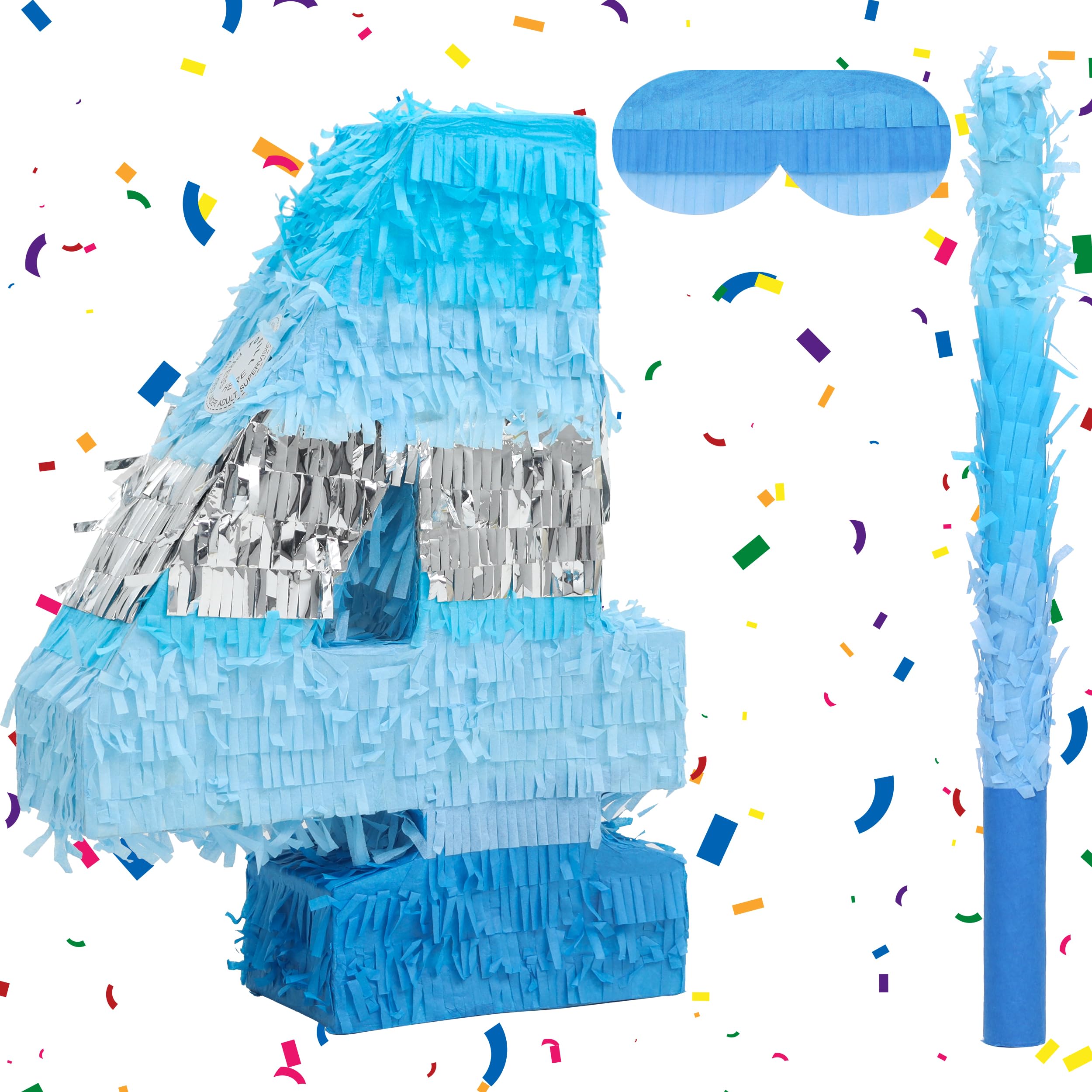 Birchio Number 4 Pinata Bundle with a Blindfold and Bat(16.2 x 11.6 x 4 Inches), Perfect for Boys and Girls Birthday Party Supplies, Blue Theme