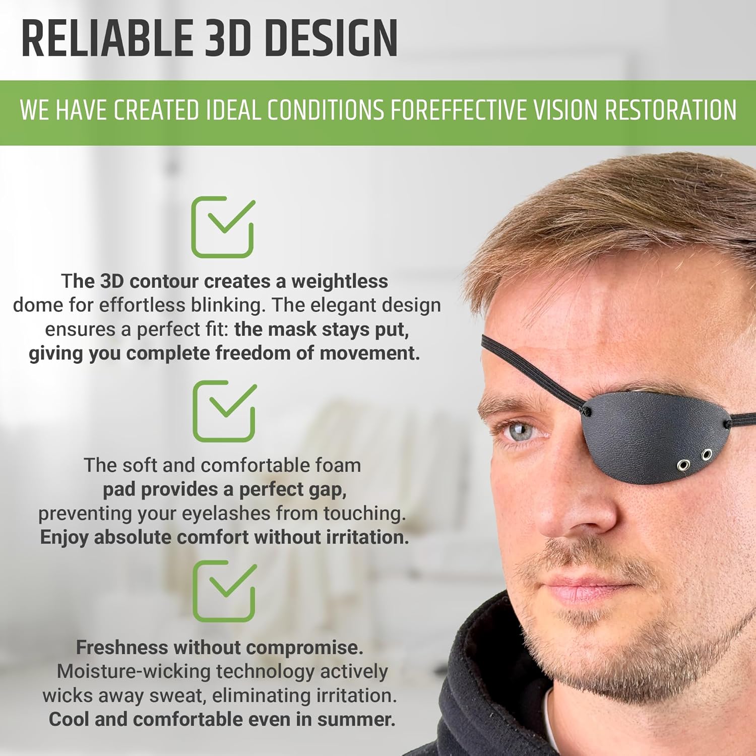 Black Premium Handmade Plastic Eye Patch with Soft Foam Padding, Concave Adult Eye Patch for Men and Women