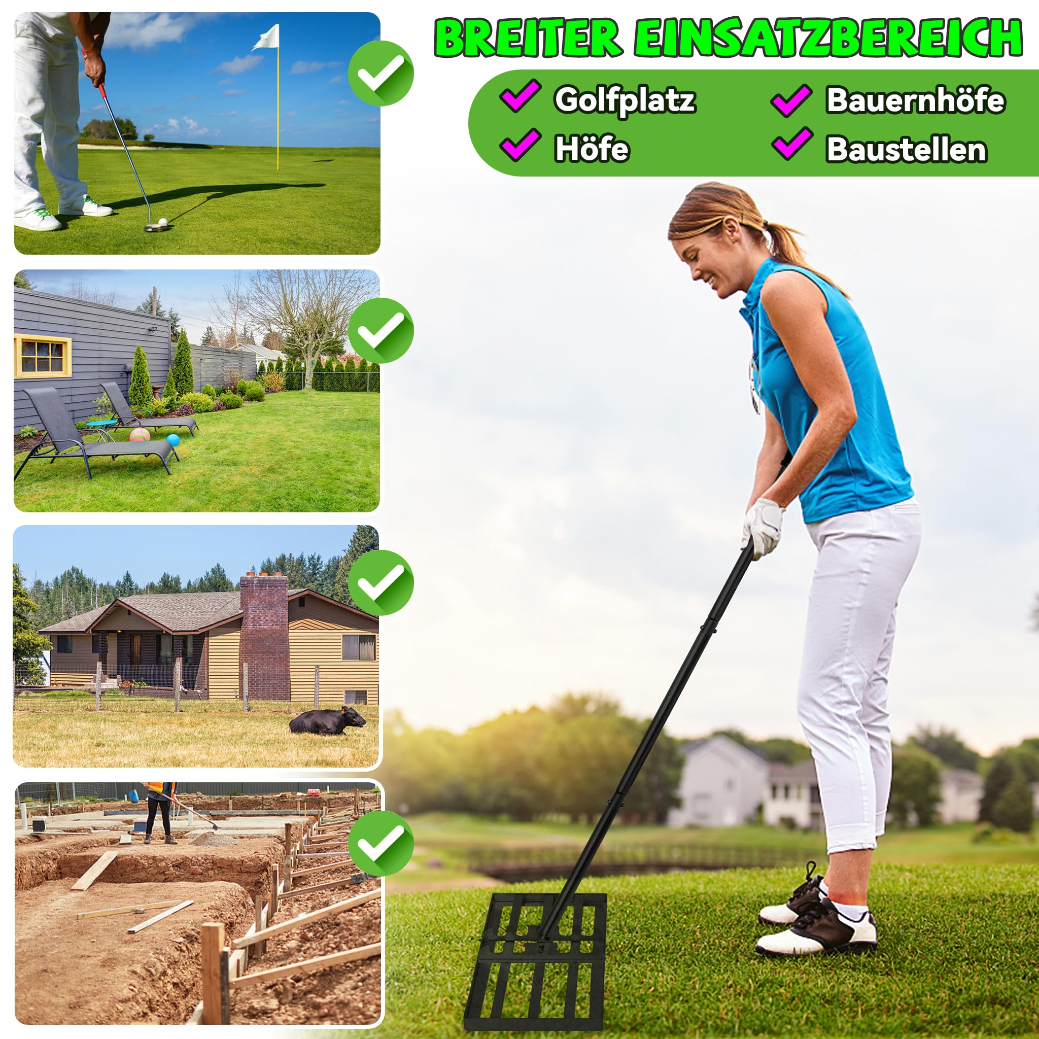 Froadp Rascador de césped de acero inoxidable, rastrillo de jardín, con mango de goma antideslizante, longitud ajustable, 101 – 202 cm, para arena, eliminación de césped perfecto (25 x 76 cm)