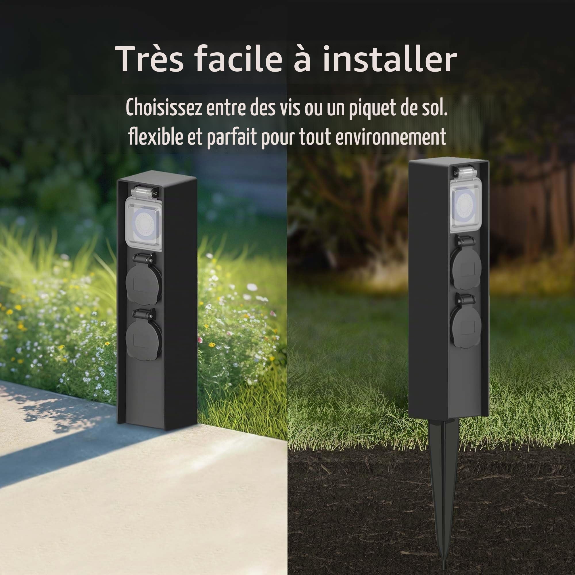 Ledvion - Prise Extérieure avec Poteau, Incl. Capteur, 2 Prises, Étanche IP44, Garantie 3 Ans