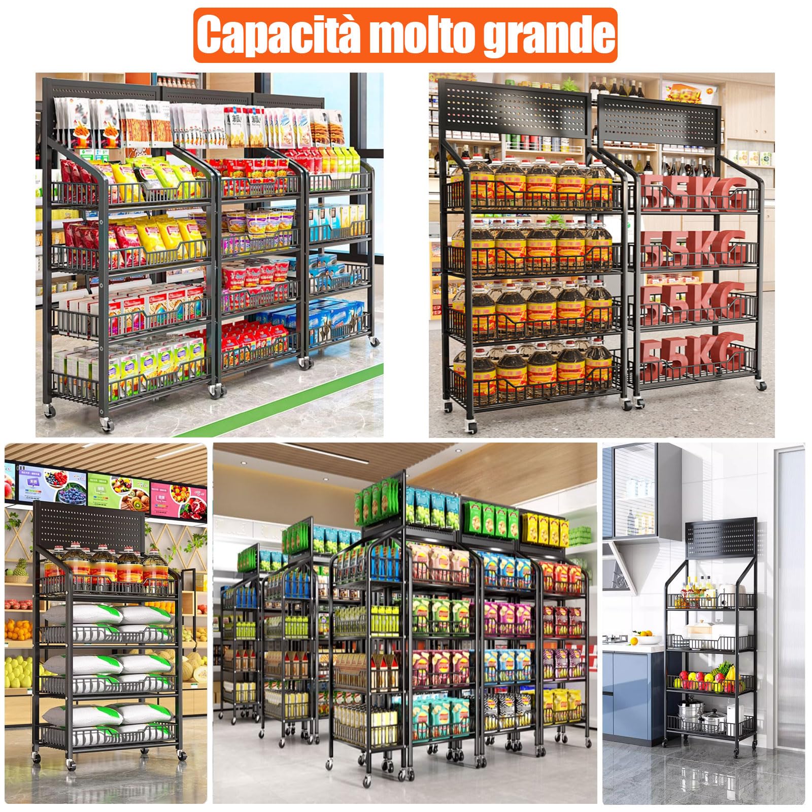 Espositore per snack da supermercato 5 ripiani, espositore per negozi nero indipendente con 12 ganci e 4 ruote, grande scaffale per snack in metallo per attività commerciali