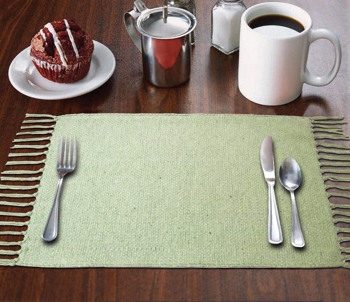 THE HOME TALK Cotton Placemats- Set of 4 | Side Table Mats | 13’’ x 19’’ | Heat-Resistant | with Fringes | Best for Bed-Side Table, Center Table, Dining Table, Shelves | Home Deco | Mint Green (B07JKTJ21B) Amazon Price History, Amazon Price Tracker