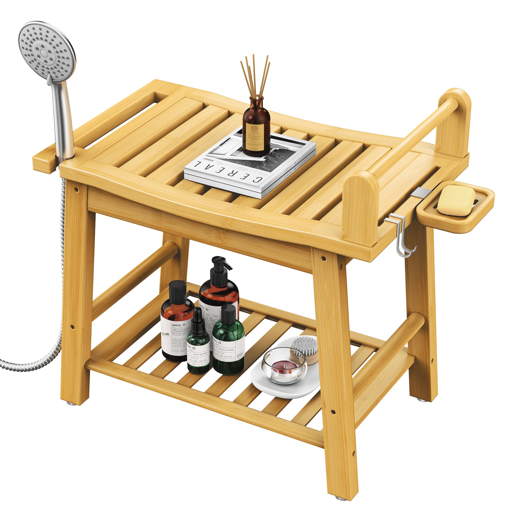 Bamboo Shower Benches for Inside Shower to Sit on, 2-Tier Shower Stool Waterproof with Arm, Heavy Duty Bathroom Bench with Storage Shelf and Shower