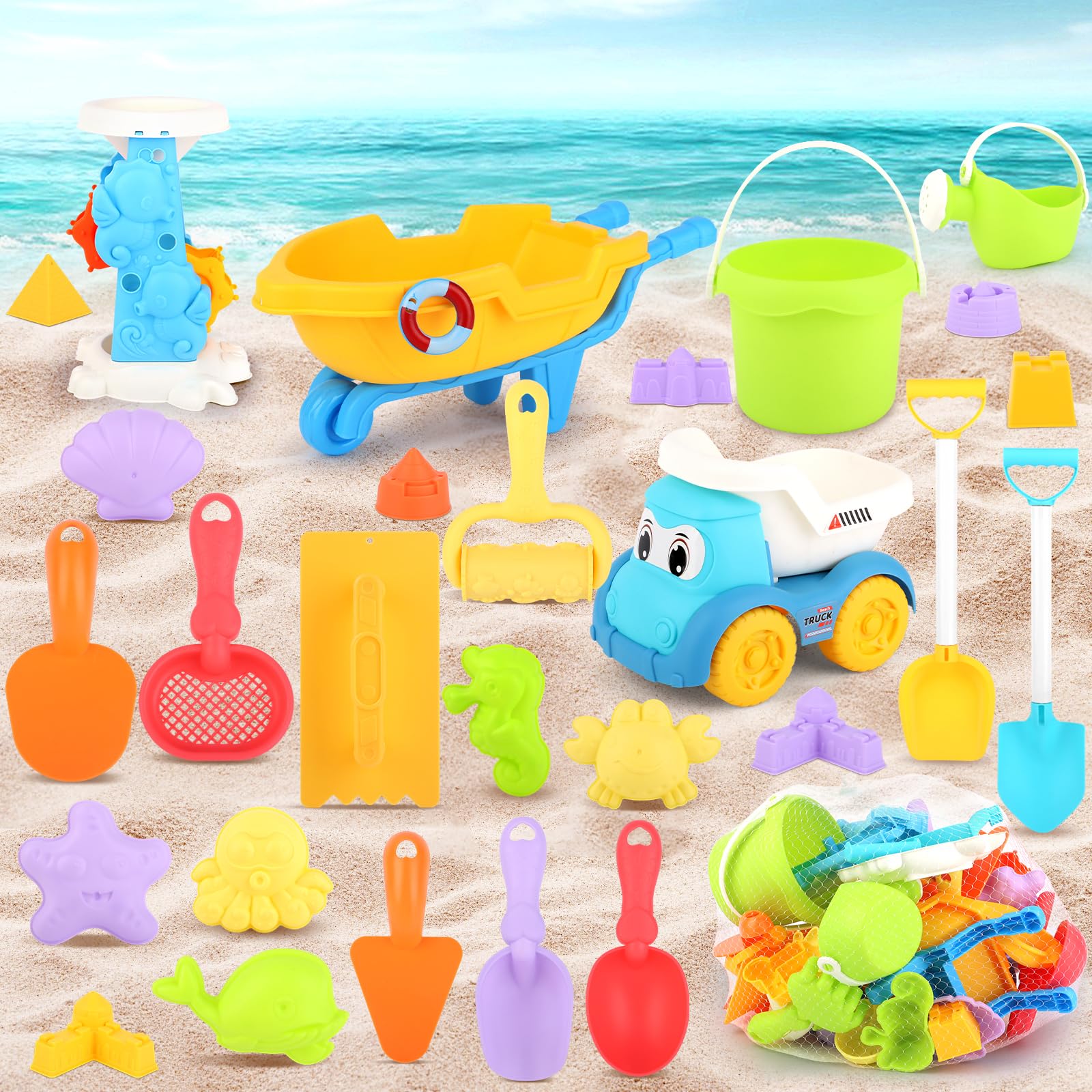 VFANDV Juguetes Playa, 30 Piezas Cubo Playa Niños con Cubo, Moldes de Arena, Rueda de Agua, Juguetes de Playa para Niños, Juguetes Playa Bebes 1 2 3 4 5 Año