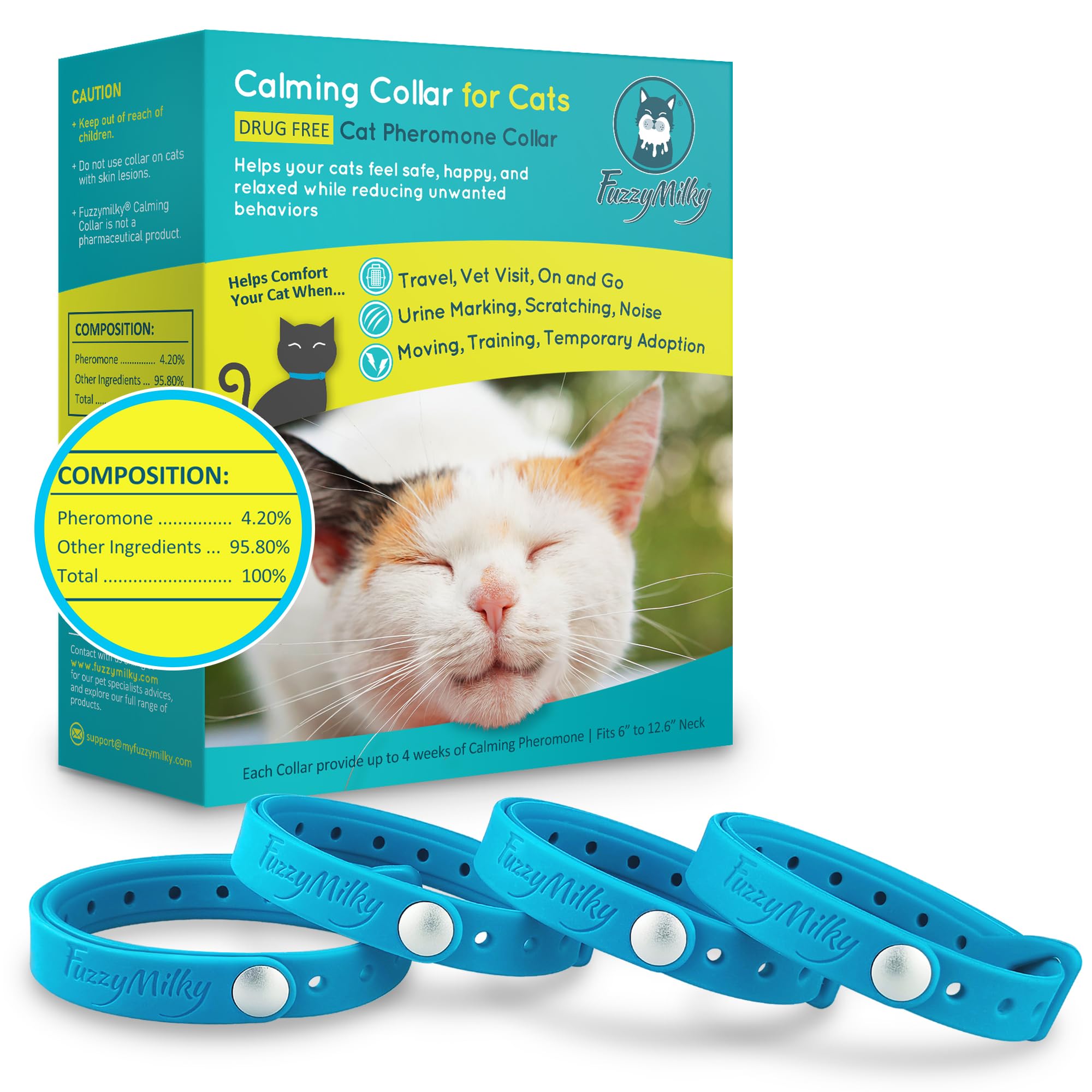 Calming Collar for Cats - Cat Collar Infused with Synthetic Pheromones - Cat Pheromone Diffuser Necklace for Anxiety Relief, Travel, Keeping Kitty Quiet - 4 Weeks Supply Each Collar (Blue, 4P)