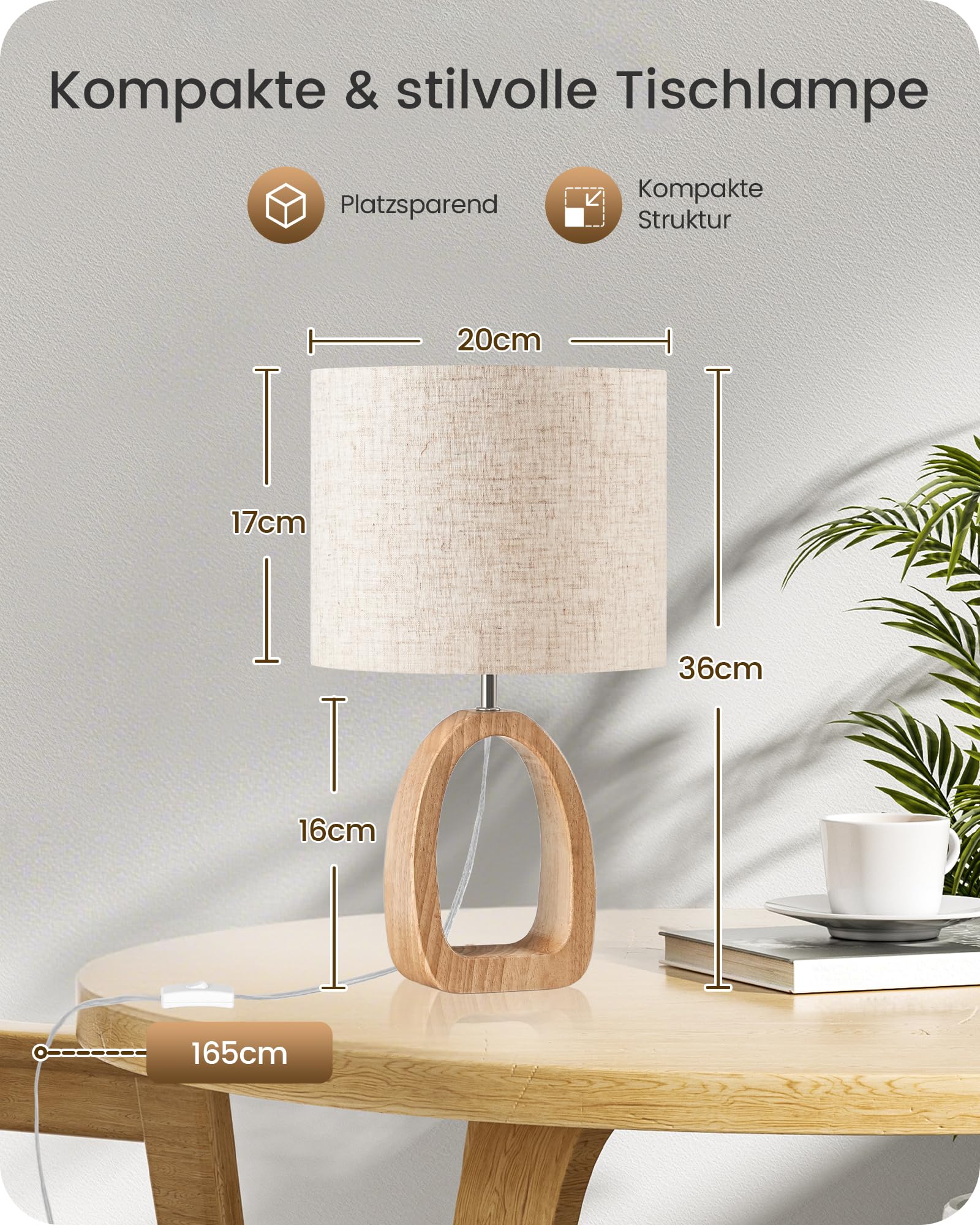 Nachttischlampe aus Holz 2er Set, Beige Tischlampe, Nachttischlampe mit Kabel, Fensterbank Lampe, 2700K LED-Birne, für Wohnzimmer, Schlafzimmer, Arbeitszimmer, Büro, ZME07TLDP205