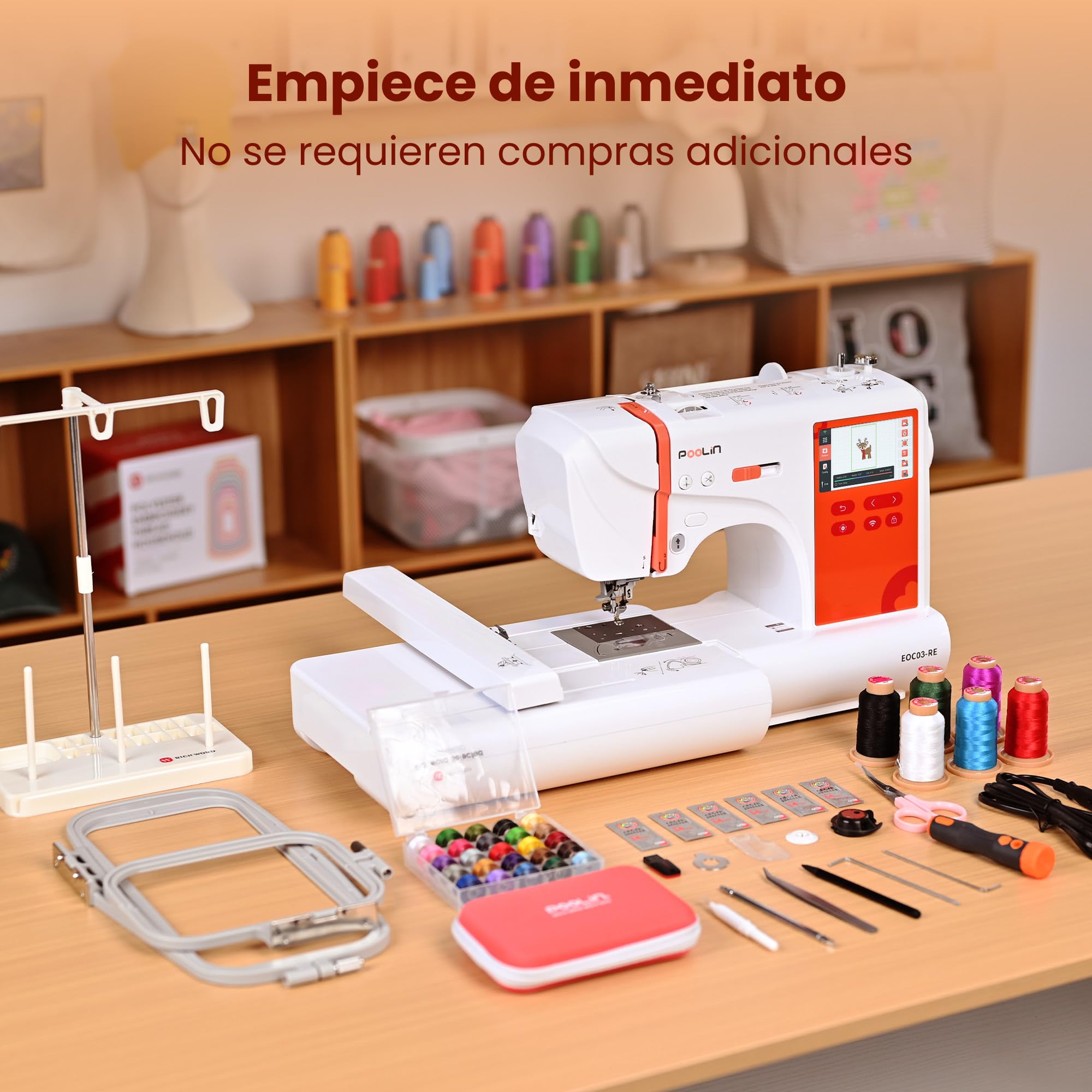 PooLin EOC03 Máquina de bordado – Máquina de bordar electrónica – Pantalla táctil LCD de 4,3″, bastidores de 10×10 cm y 10×23,5 cm, importación de diseños por USB/Wi-Fi, ideal para principiantes y exp