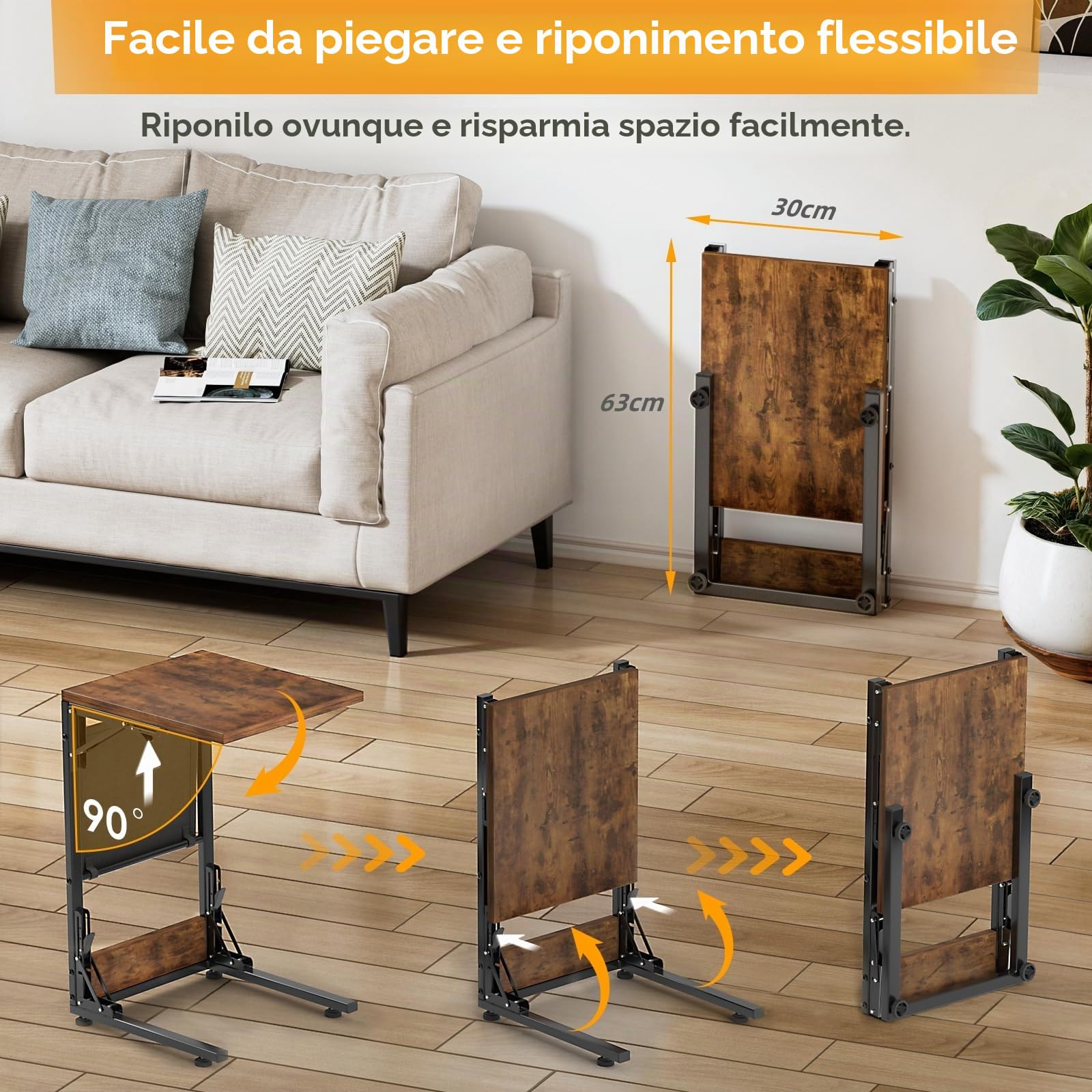 Bomclap C-Form - Tavolino pieghevole da divano, comodino con custodia, tavolino con struttura in metallo per soggiorno, camera da letto, ufficio, 30 x 40 x 64,5 cm