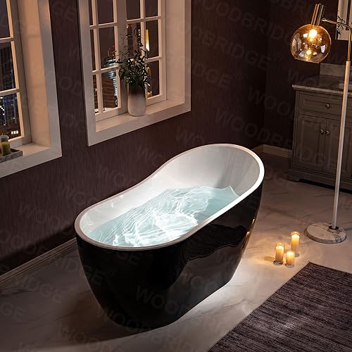Miniatura 2 de WOODBRIDGE Bañera de acrílico independiente de 54 pulgadas, bañera negra de remojo contemporáneo con desbordamiento y drenaje negro mate, BTA1807-MB