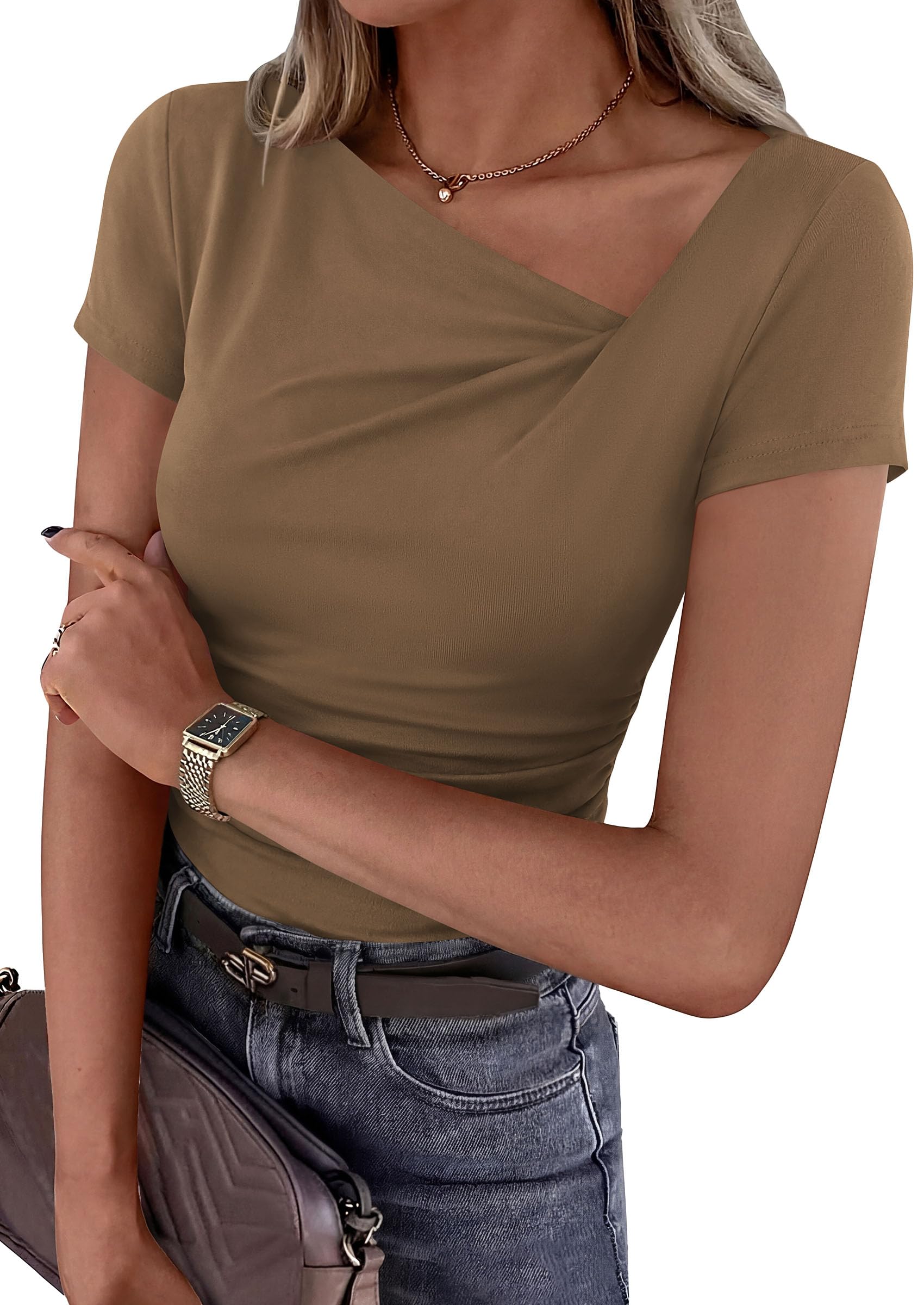 PRETTYGARDEN Women's 2026 Summer Asymmetrical Y2K Tops Trendy Ribbed Short Sleeve Fitted Tee Shirts Spring Fashion Clothing — view 11