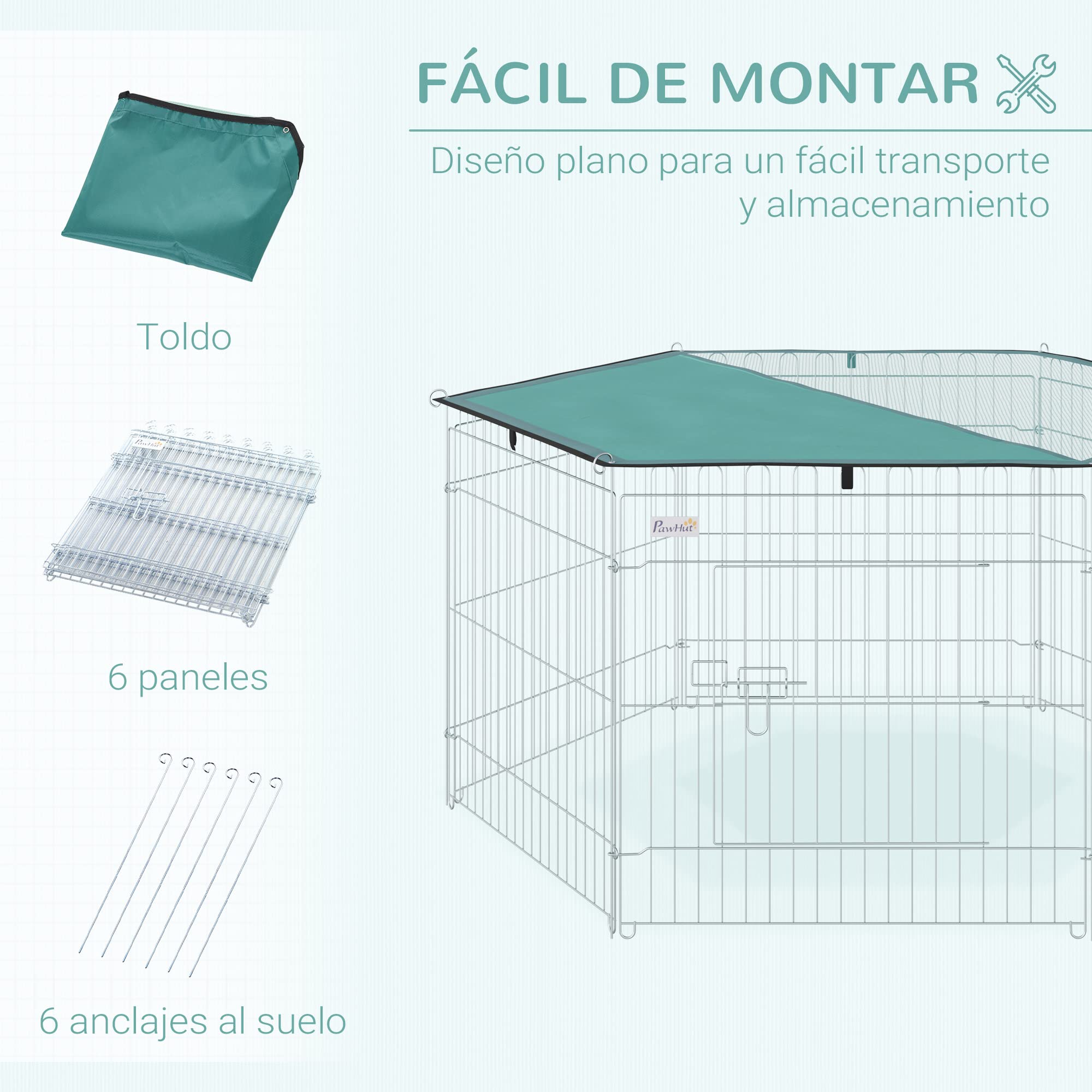 PawHut Parque de Juegos para Perros 6 Paneles 59x60 cm Plegables Empalme Libre Valla Metálica para Mascotas con Puerta con Pestillo y Toldo Superior para Jardín Patio Exterior Plata