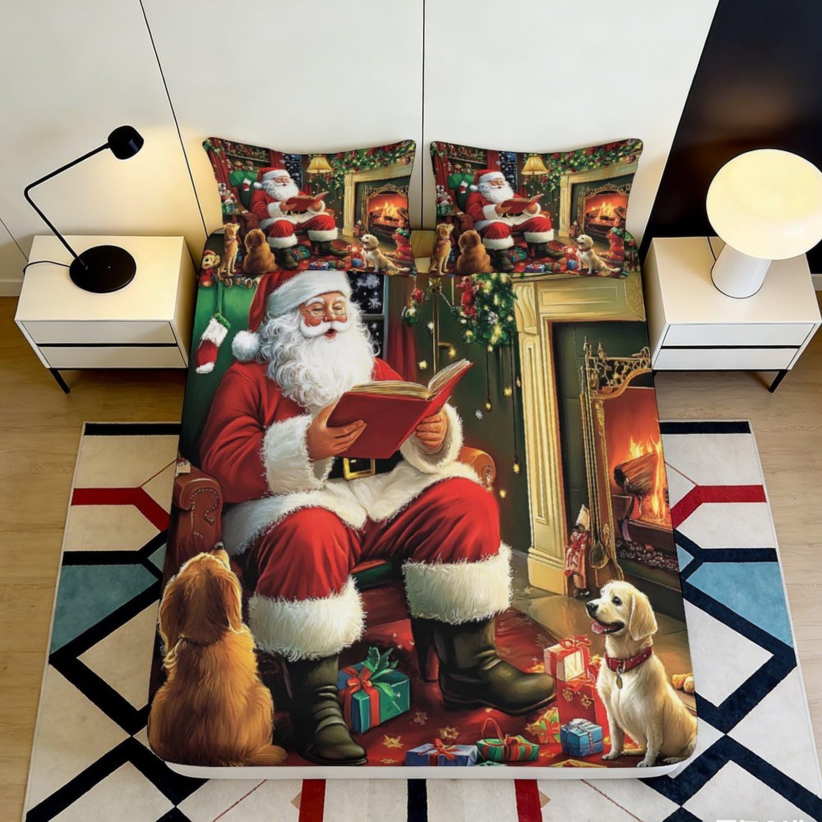 3D Printed Christmas Fireplace Fitted Sheet Microfiber Santa Claus Bed Cover Anti-Slip for Bedroom Guest Room 180x200x25cm