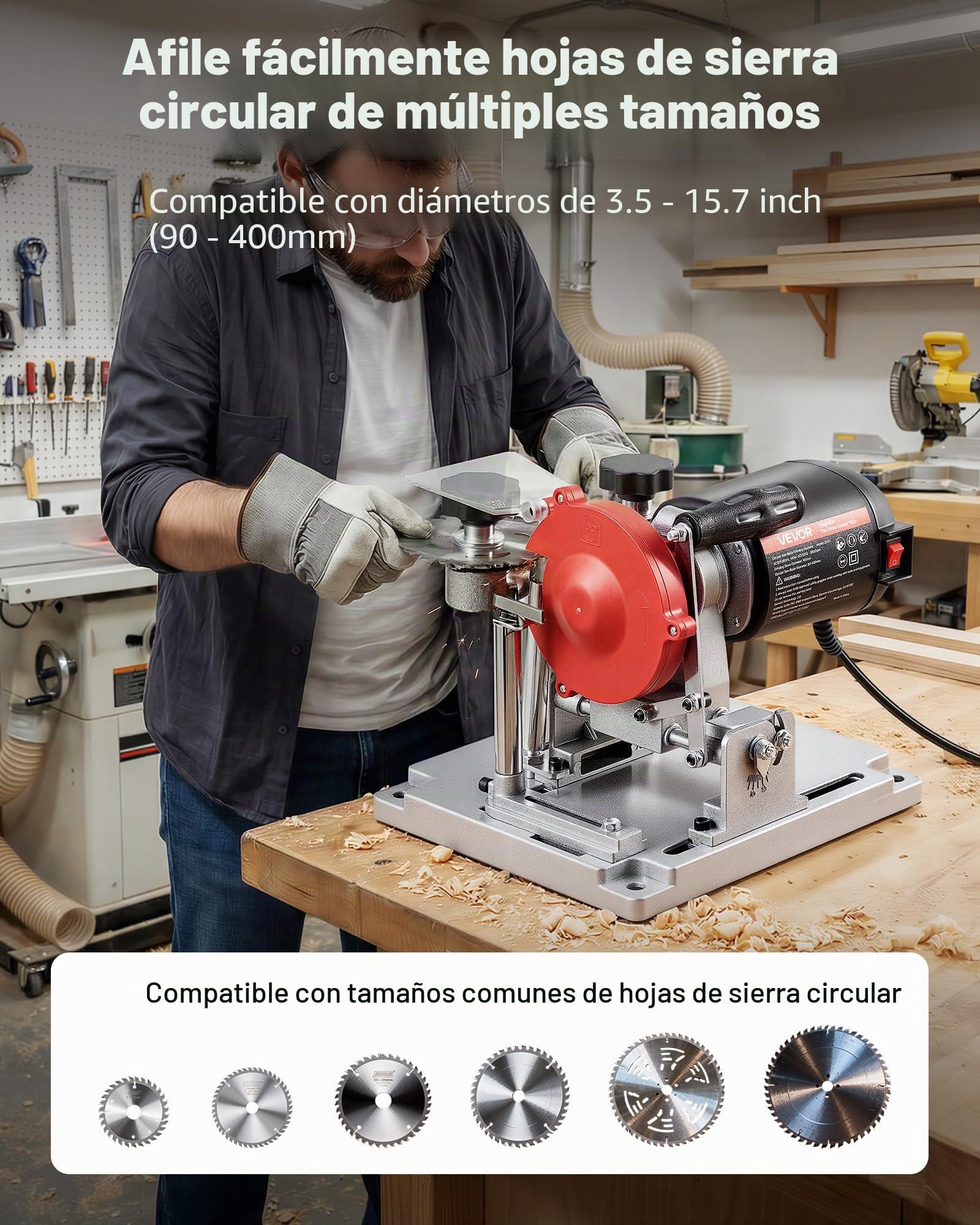 VEVOR Afiladora de Discos de Sierra Circular 140 W 5700 RPM, Afilador de Hojas de Sierra Circular para Hojas de 90 a 400 mm con Muela de Diamante y Cerámica Ajuste para Taller Carpintería y Bricolaje