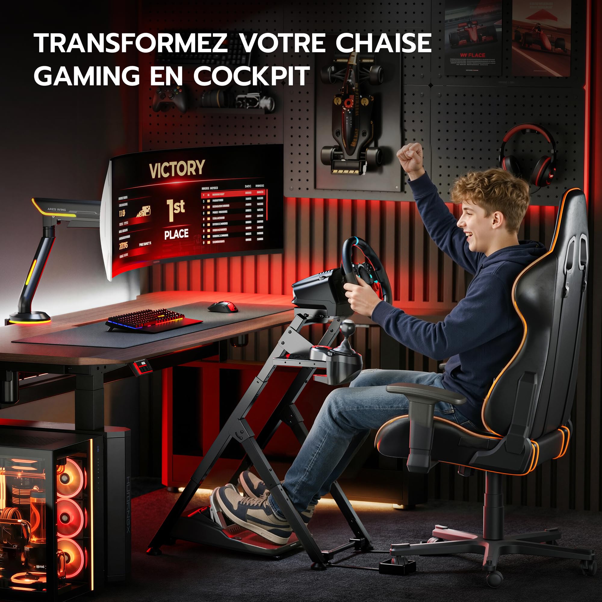 ARES WING Soporte plegable para volante Sim Racing con ranura para asiento | COMPATIBILIDAD AMPLIA: Compatible con Logitech G29, G920, G923, Fanatec, Thrustmaster, Moza y Simagic