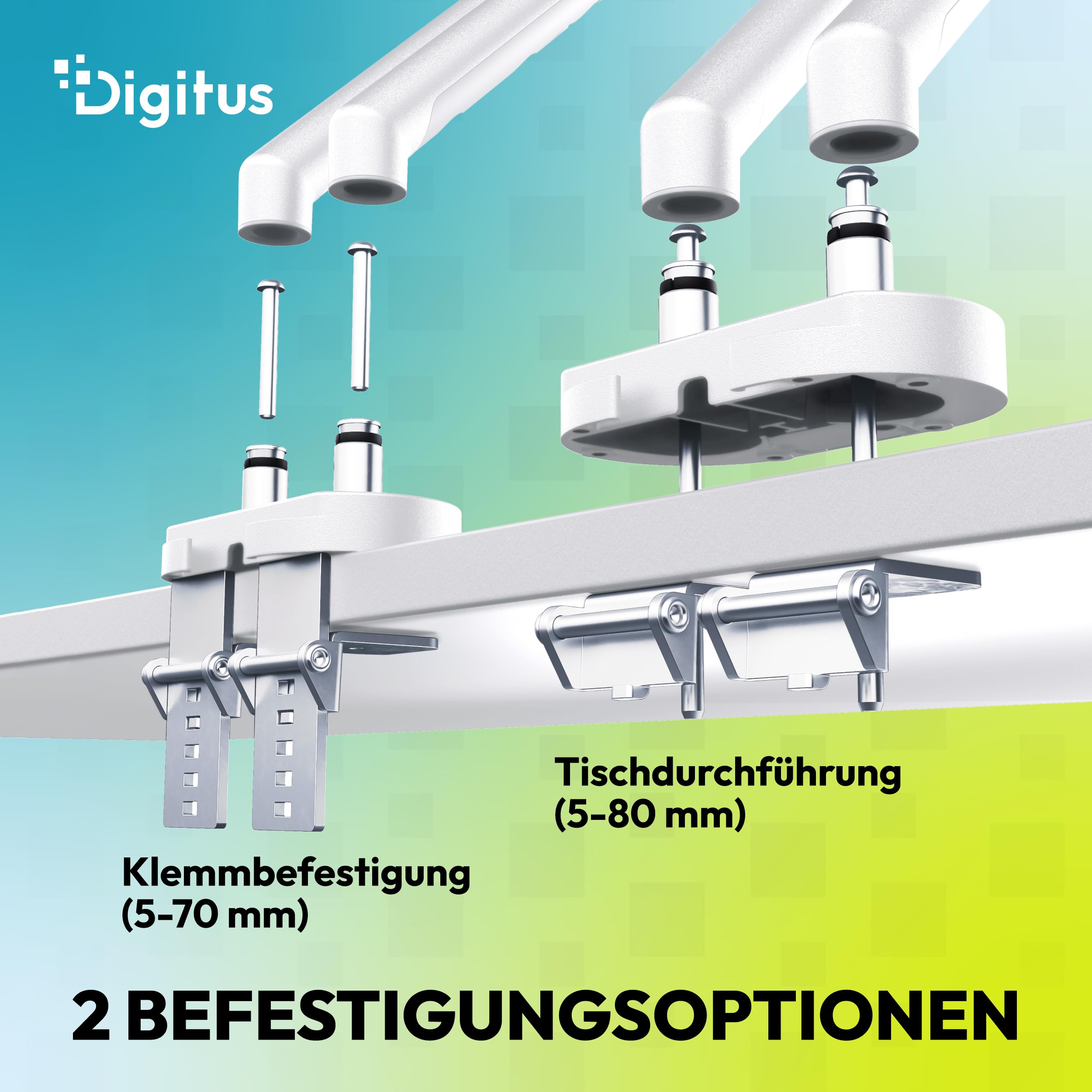 DIGITUS Monitor Halterung 2 Monitore – bis 35 Zoll – mechanische Feder | 10 kg Traglast je Arm – für Flach- und Curved-Bildschirme – VESA 75, 100 – Tischklemme – Weiß