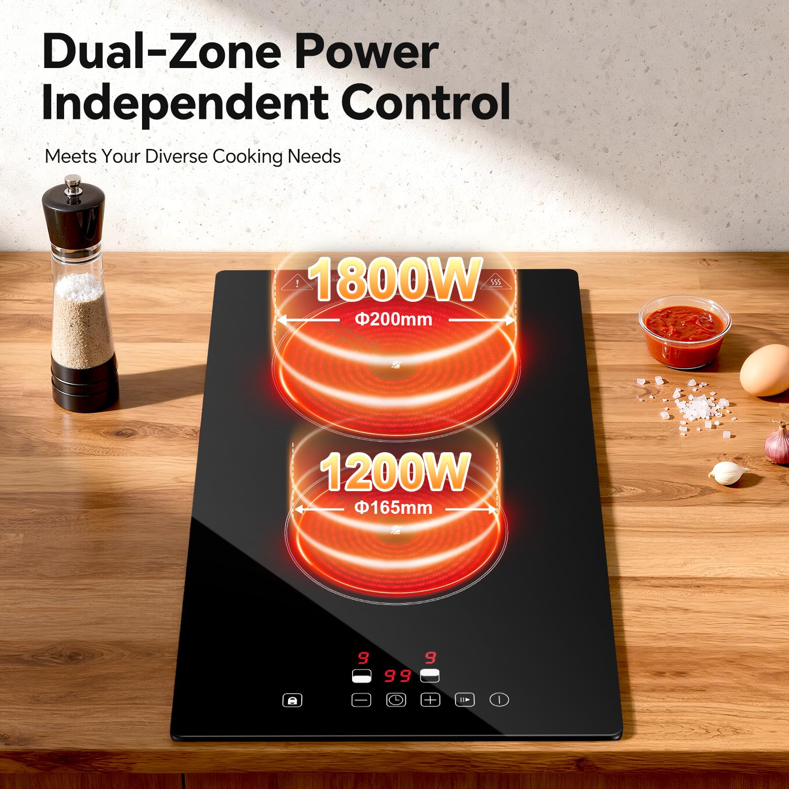 SNDOAS 30cm Ceramic Hob 2 Zones, 3000W Electric Hob Built-in/Countertop, Pause Function & 1-99 Min Timer, 9 Power Levels Touch Control, Child Lock, All Pots Compatible, Plug in Hob with UK standard — view 3