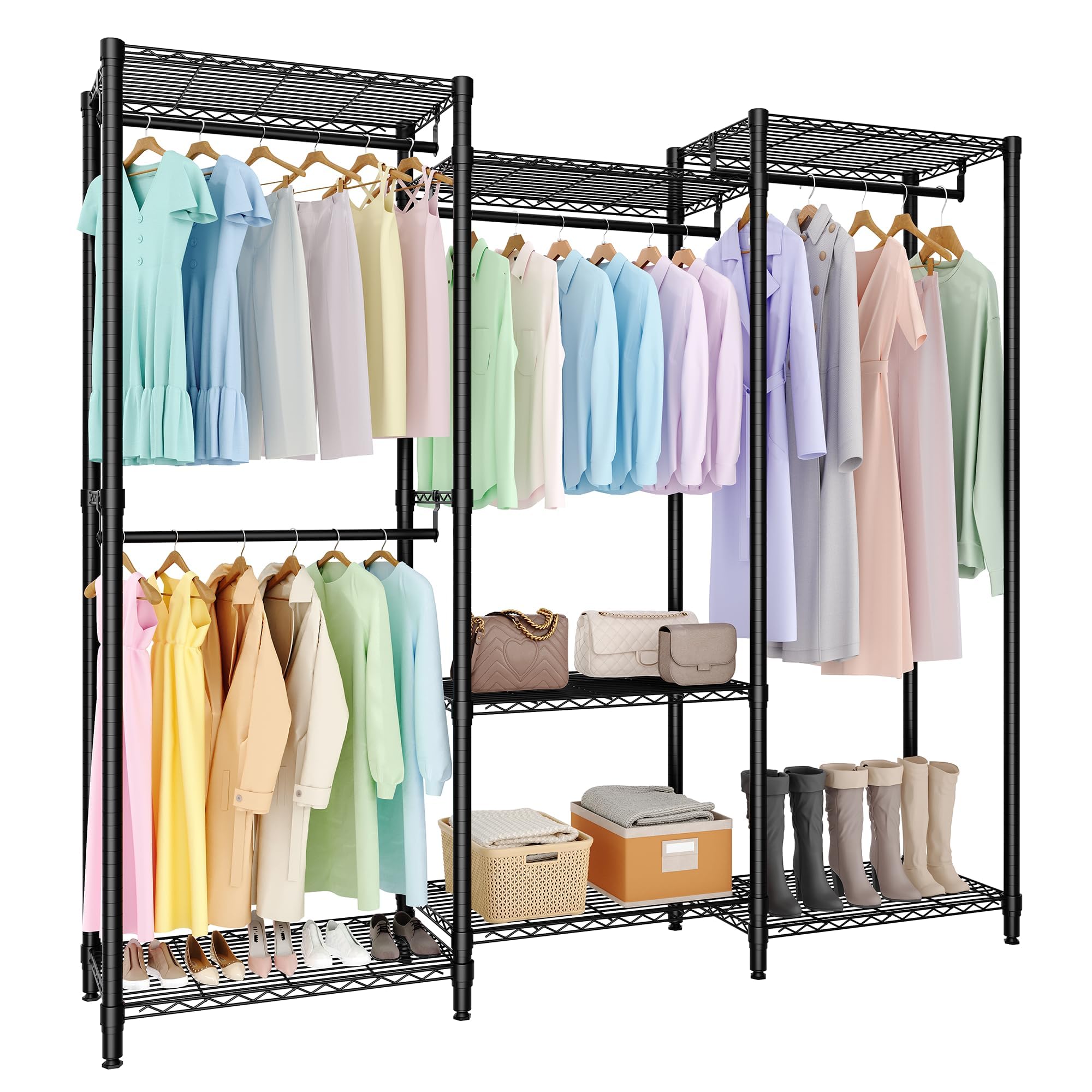 Aptliton 3 Piece Combination Metal Open Coat Rack with 2 Shelves and 3 Clothes Rails, Freestanding Storage, 180 x 40 x 194 cm, Black, Flexible and Durable