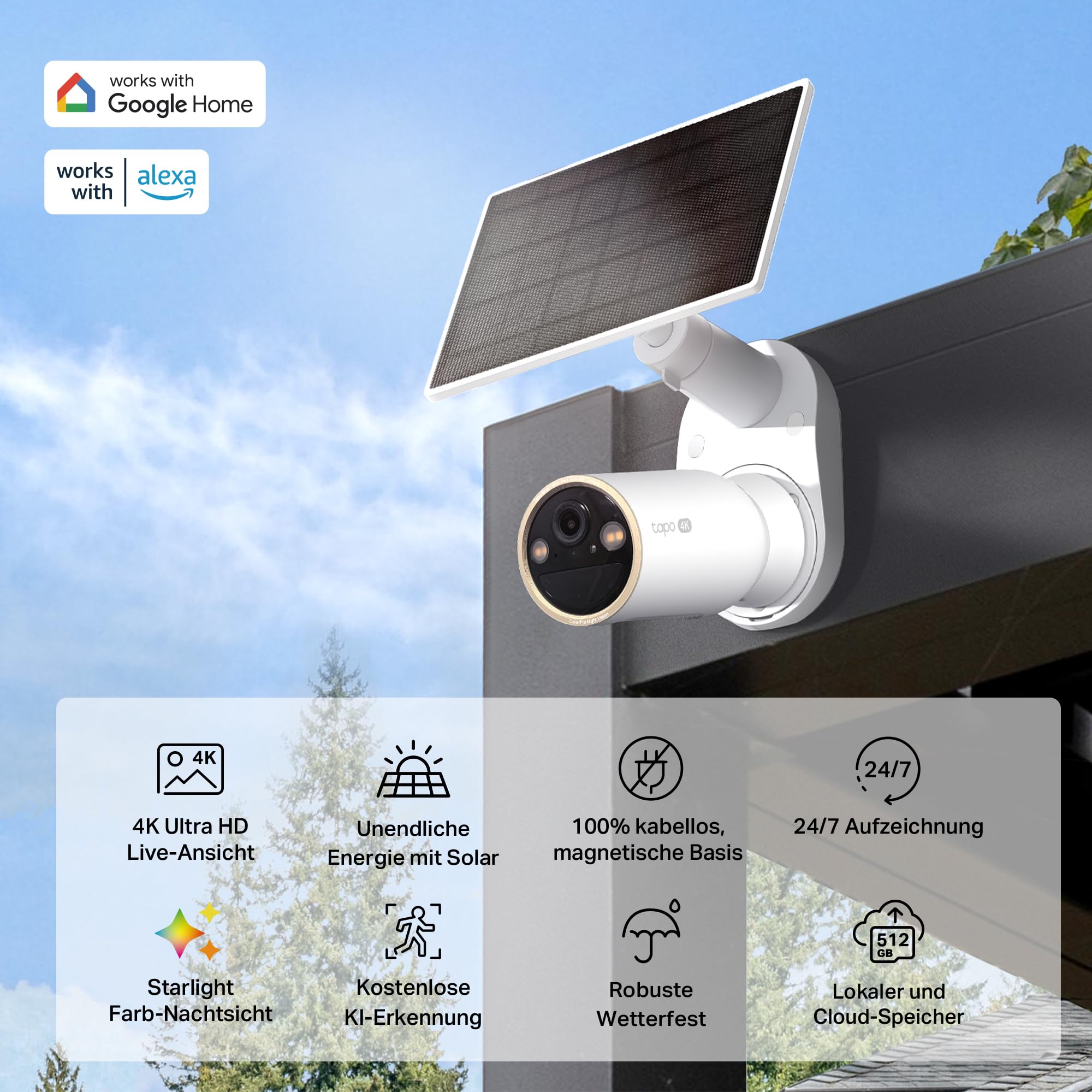 Tapo C460 KIT 4K 8MP Solar Überwachungskamera Aussen Akku, Starlight-Farb-Nachtsicht, Dual-Band WLAN, Magnetfuß, Verschlüsselte microSD-Aufzeichnung, KI-Erkennung, 10000-mAh-Akku