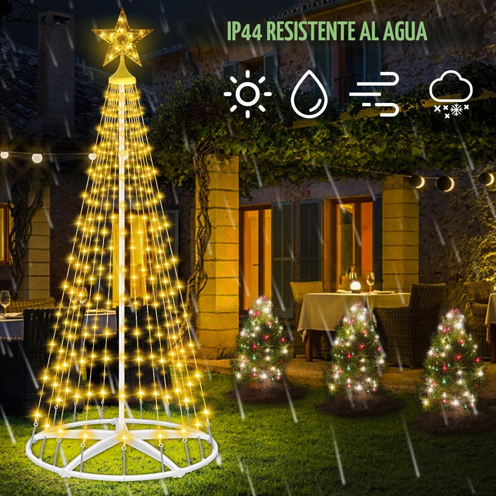 HELESIN 1,8 M, Luces de árbol de Navidad con Estrella, 250 Luces LED RGB para Exterior e Interior, 12 Modos, Decoraciones navideñas para Jardines Exteriores, Blanco Cálido