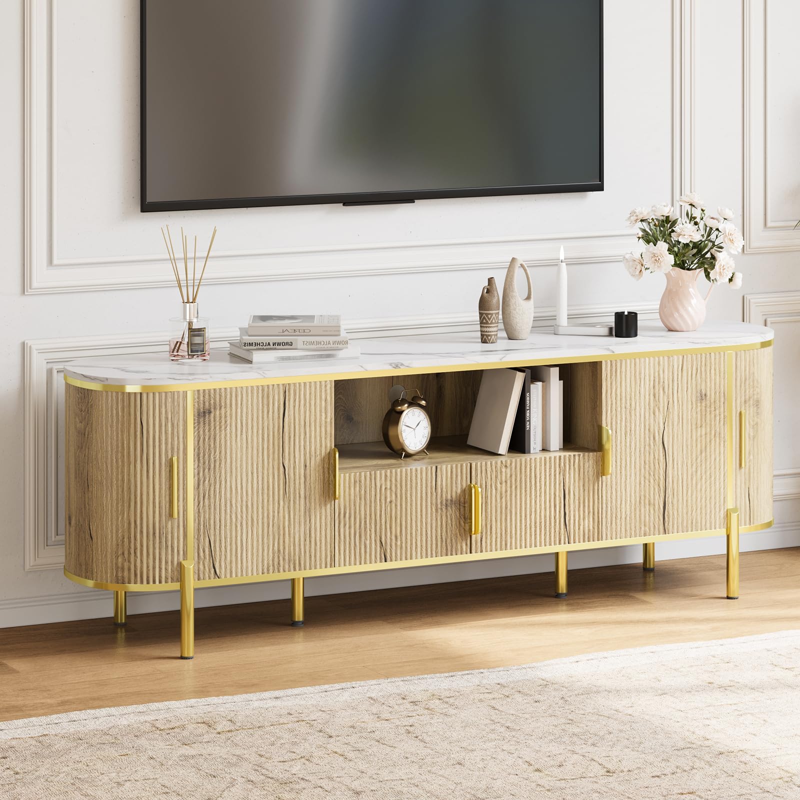 IDEALHOUSE 70" Fluted TV Stand with Faux Marble Top, Modern TV Console with Curved Profile Sliding Doors &amp; Adjustable Shelves, Wood Entertainment Center for TVs Up to 80 Inches