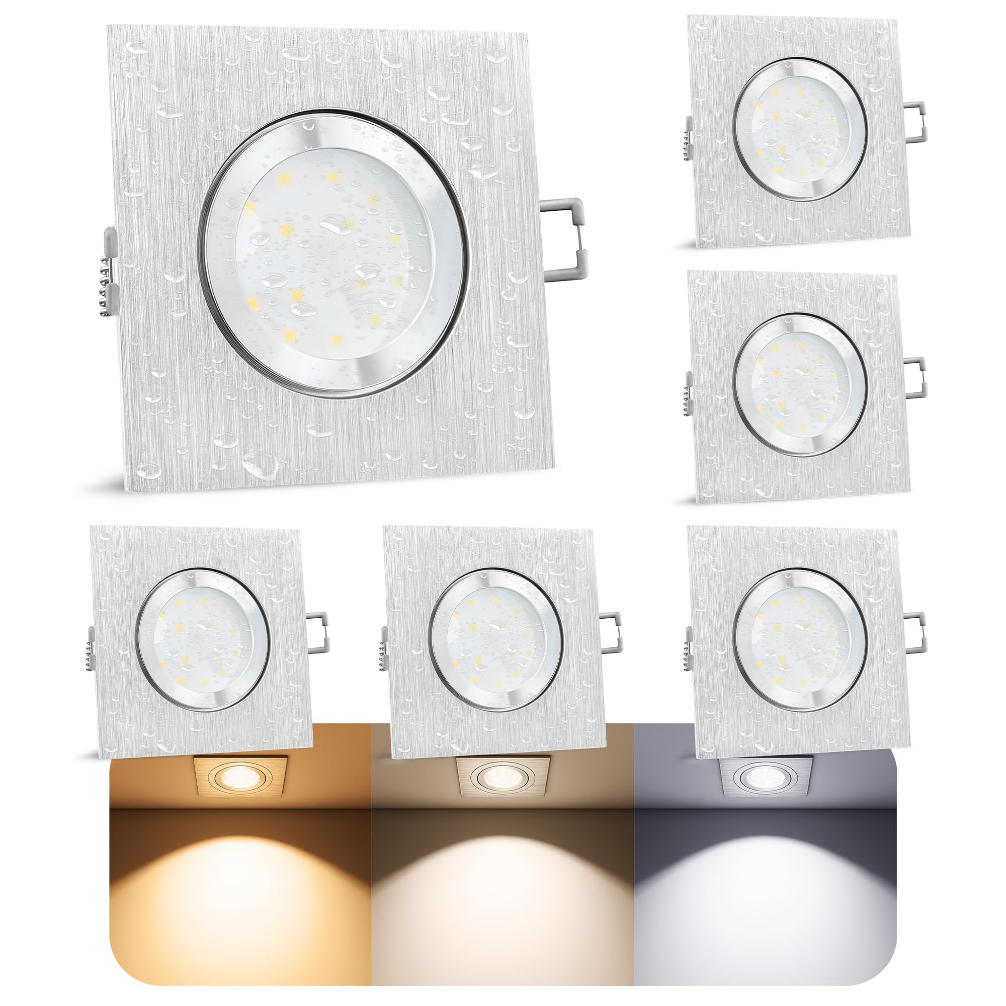 SSC-LUXon QW-2 LED Einbaustrahler 6x eckig Alu dimmbar 6W 3 Lichtfarben | Dimmbare Badspots im 6er Set eckig spritzwassergeschützt IP44 - warmweiß, neutralweiß & tageslicht wählbar, nur 30mm tief