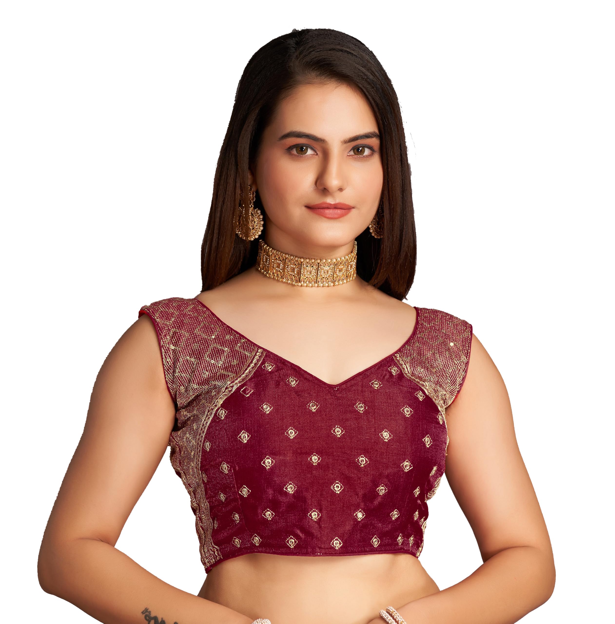 Pujia Mills Women's Sequin Embroidered V Neck Sleeveless Maroon Readymade Saree Blouse Indian Ethnic Stitched Padded Blouses For Women