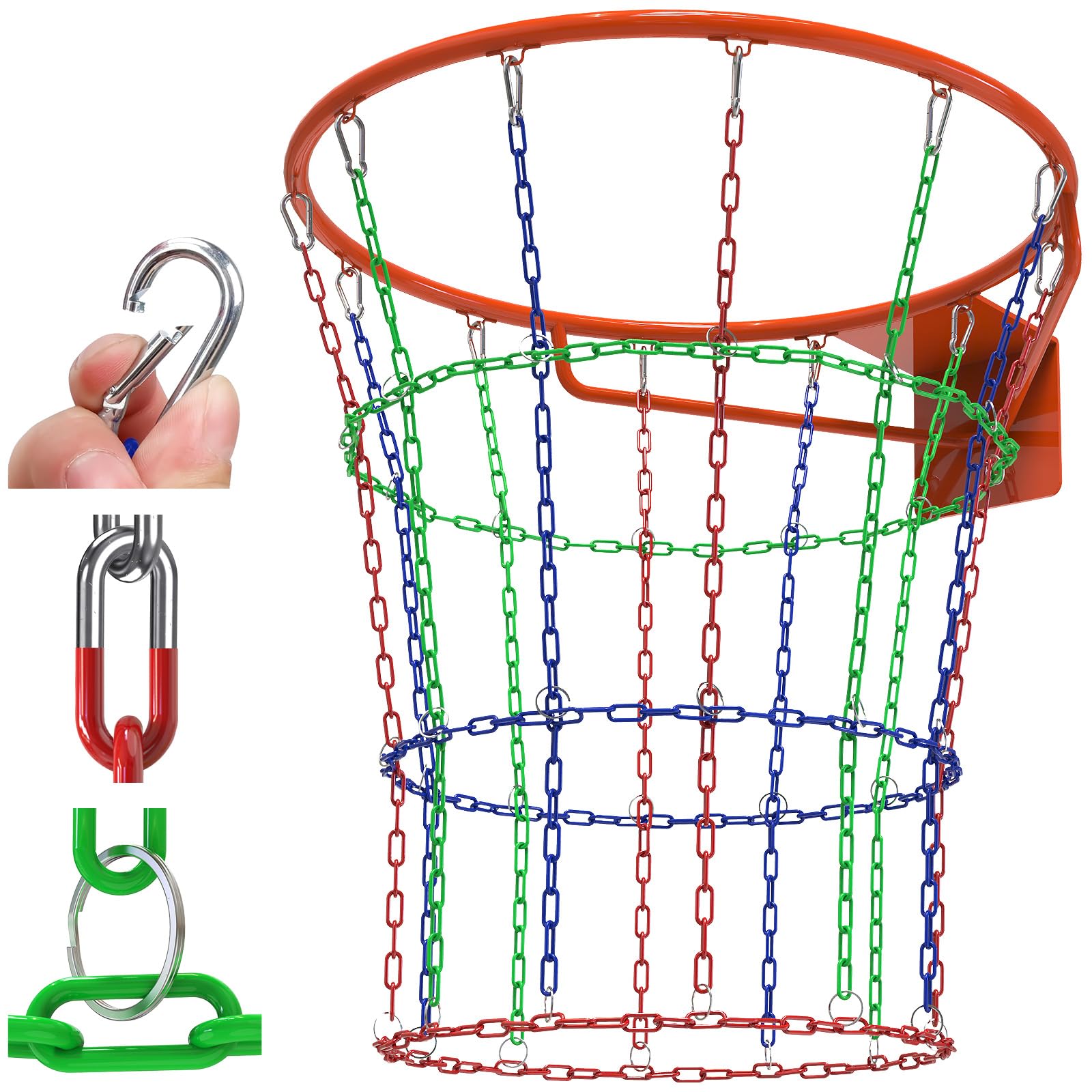 Insaga Ketten-Basketballnetz Heavy Duty – 19-Zoll-Metallkettennetz im Kaskaden-Design als Ersatz für Basketballkörbe, 12-Schlaufen-Kettennetz aus rostfreiem, grün, rot und blau