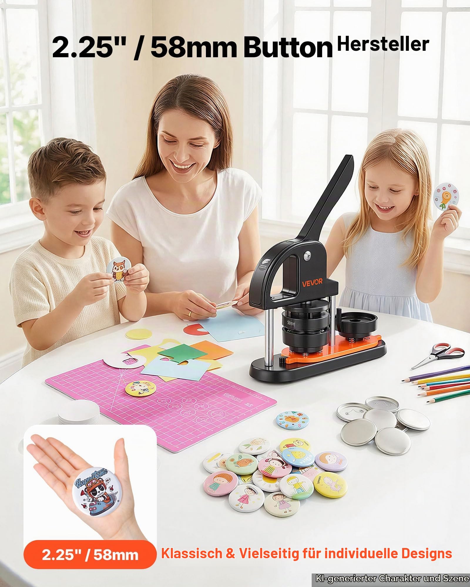 VEVOR Knopffertigungsmaschine, 58 mm Stiftmaschine mit 100 Stück Knopfteile, Knopfhersteller mit magischem Panda, ergonomischem Bogengriff, Stanzpressenset, für Kinder, Geschenke zum Selbermachen und