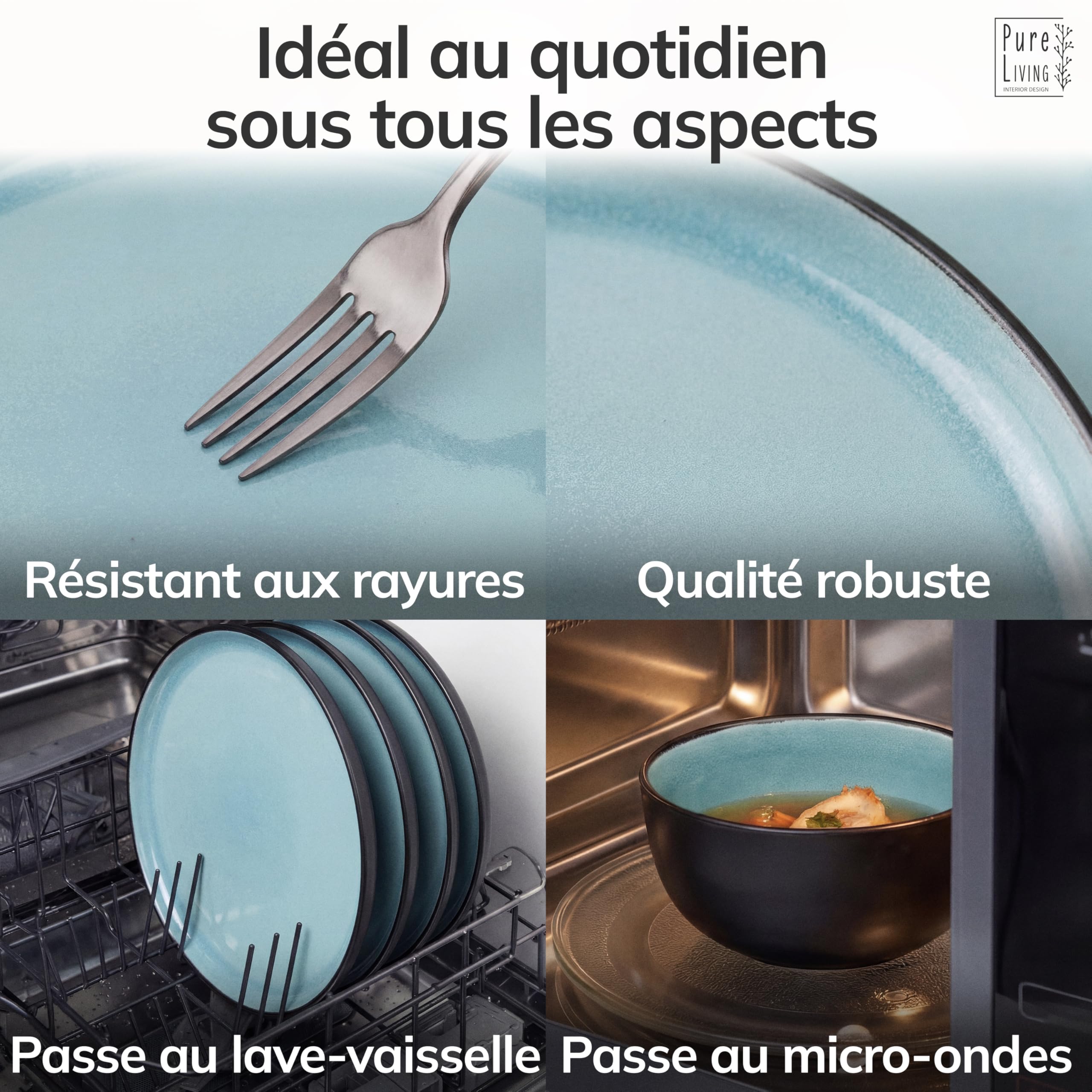 Ensemble Prestige de Services de Table: Assiettes Creuses en Porcelaine pour 6 Personnes - Élégantes Assiettes de Service pour une Expérience Culinaire Raffinée, Pure Living aigue-marine