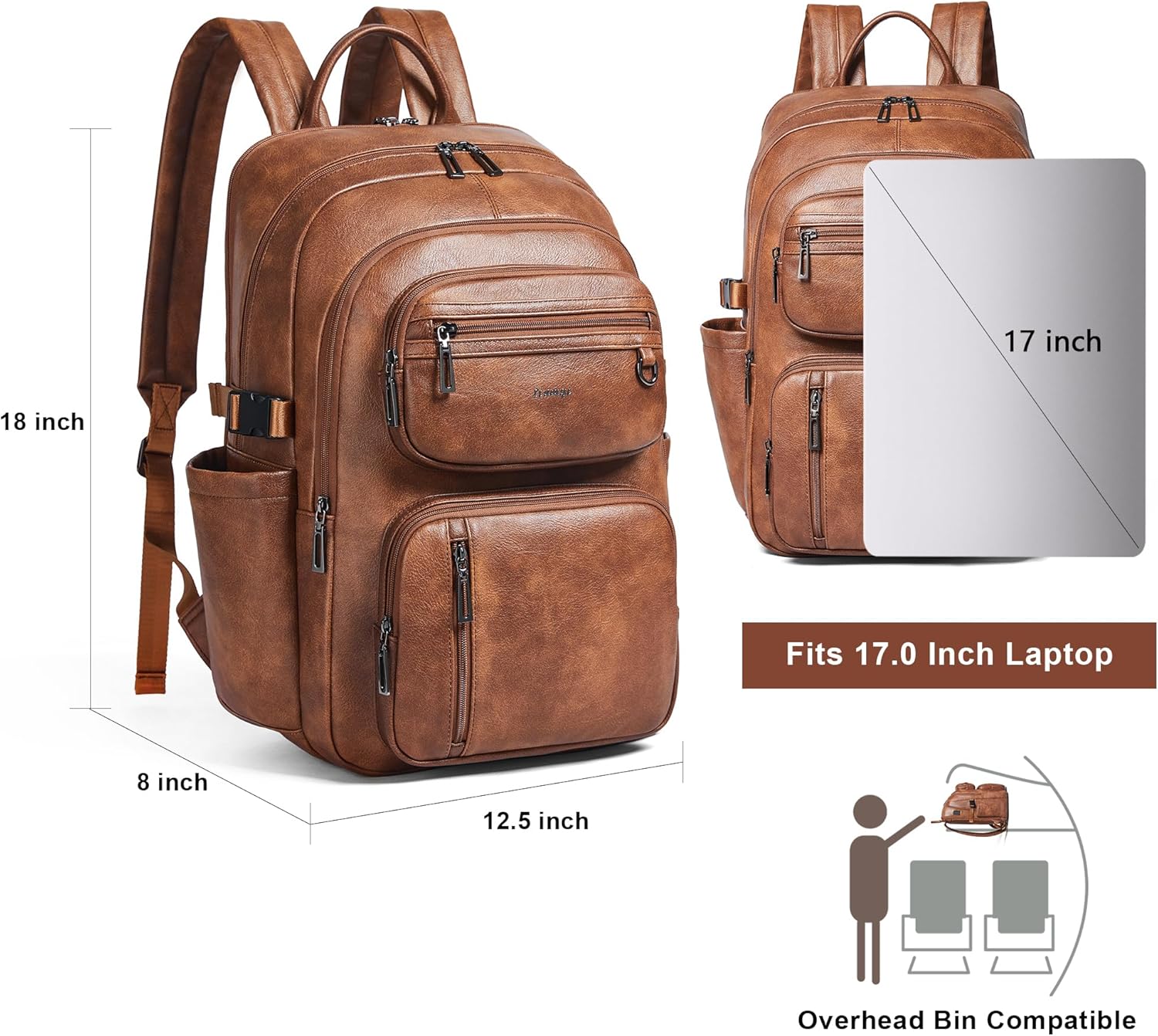 Vegan Leather Backpack, TSA Travel Backpack for Men and Women, Fits 17.0 Inch Laptop with Luggage Strap, Brown