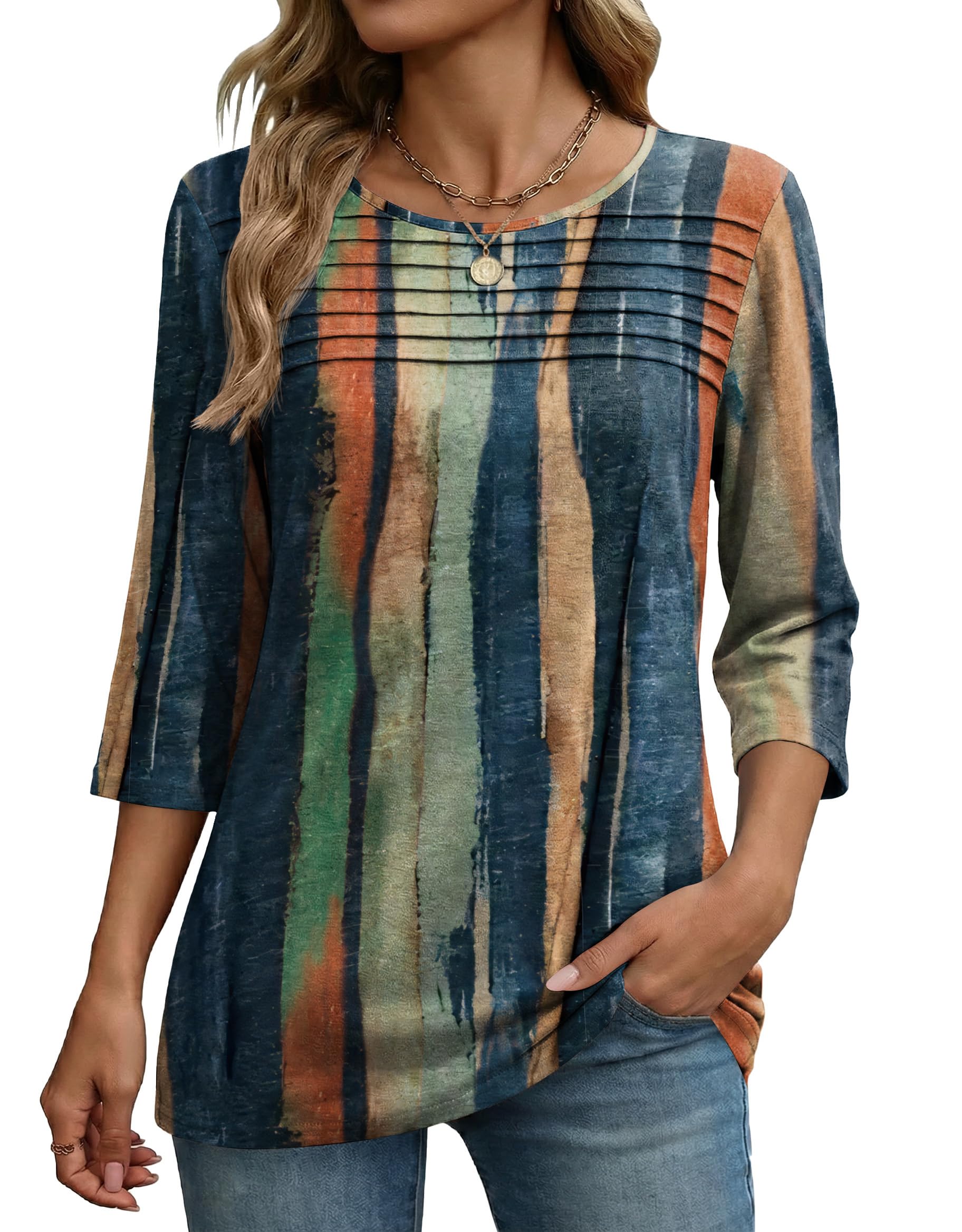 Zeagoo Womens Tops 3/4 Sleeve Blouses Dressy Casual Shirt Pleated Tunic