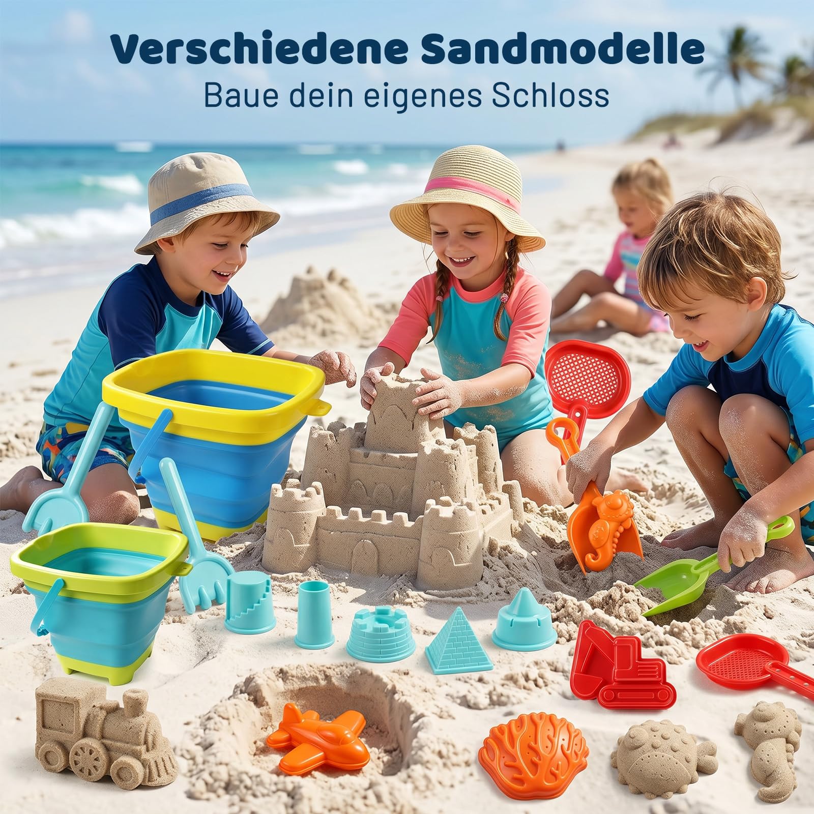21 in 1 Sandspielzeug, Strandspielzeug Kinder Sandkasten Spielzeug mit Faltbarer Eimer, Innovative Handtaschen, Sandschaufel, Sandformen, Tragbar und platzsparend für Jungen Mädchen Kinder